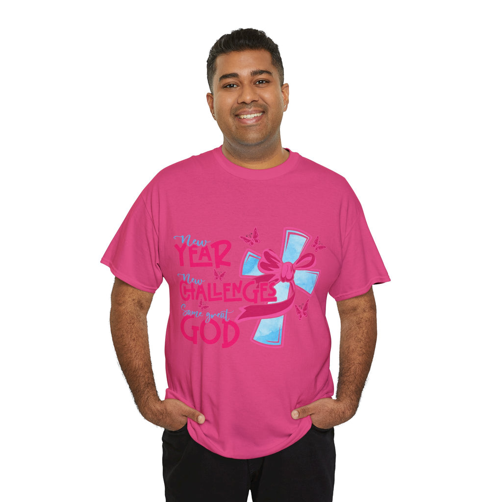 Christian T-Shirt — “New Year, New Challenges, Same Great God” with Pink Bow Cross & Butterflies. Unisex Cotton Tee