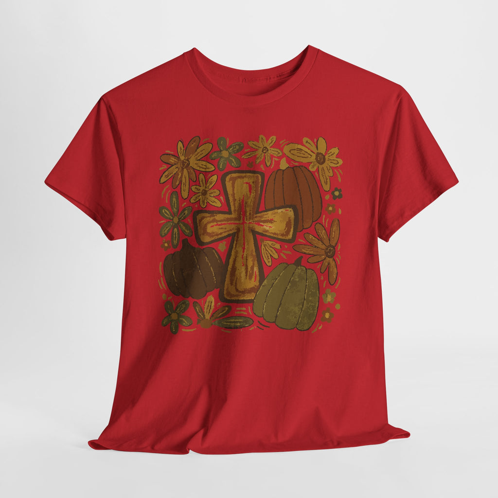 Autumn Cross Tee — Rustic Pumpkin & Fall Floral Christian Unisaex Cotton T-Shirt
