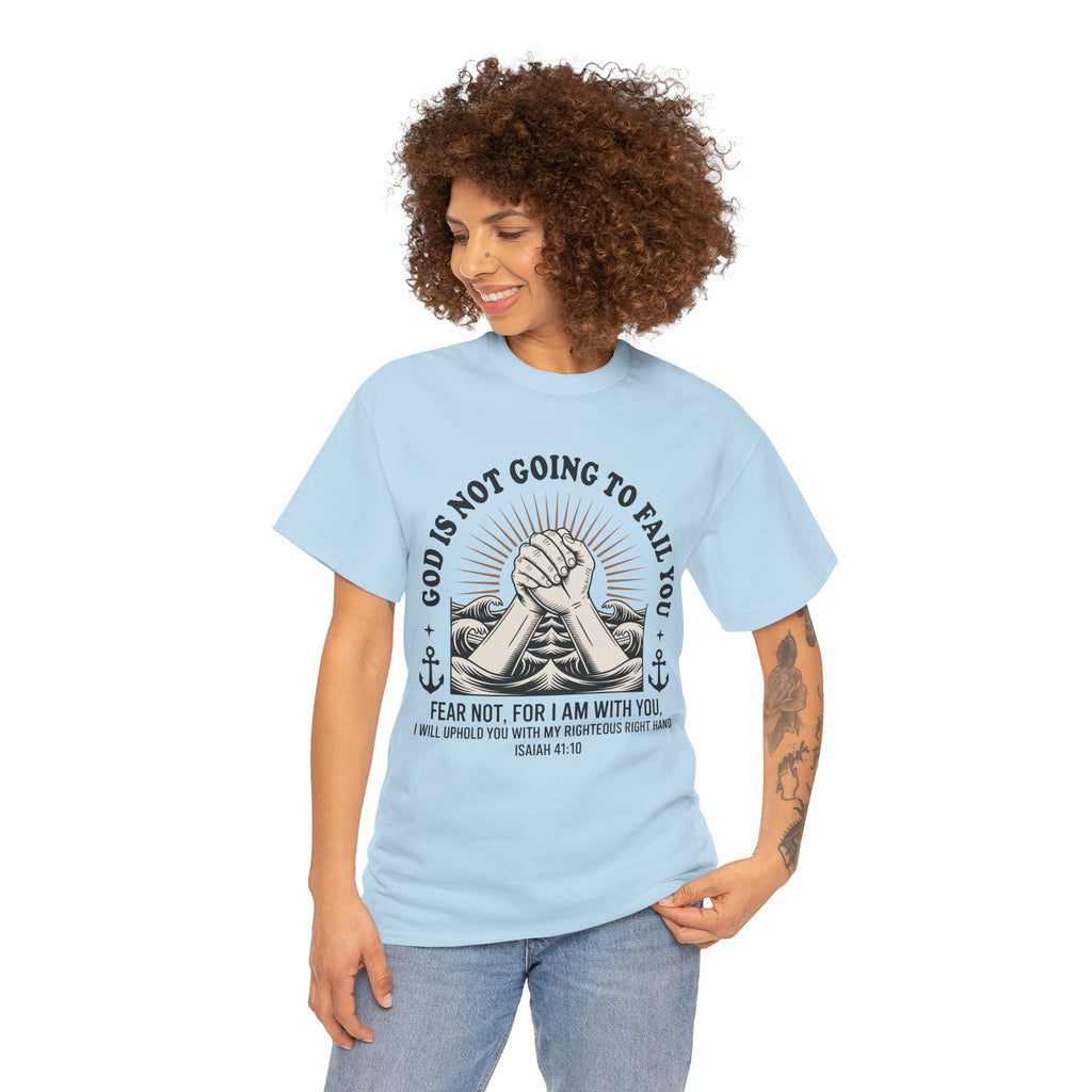 Isaiah 41:10 "Fear Not, For I Am With You" T-Shirt — Clasped Hands Rising from Waves Christian Unisex Cotton Tee