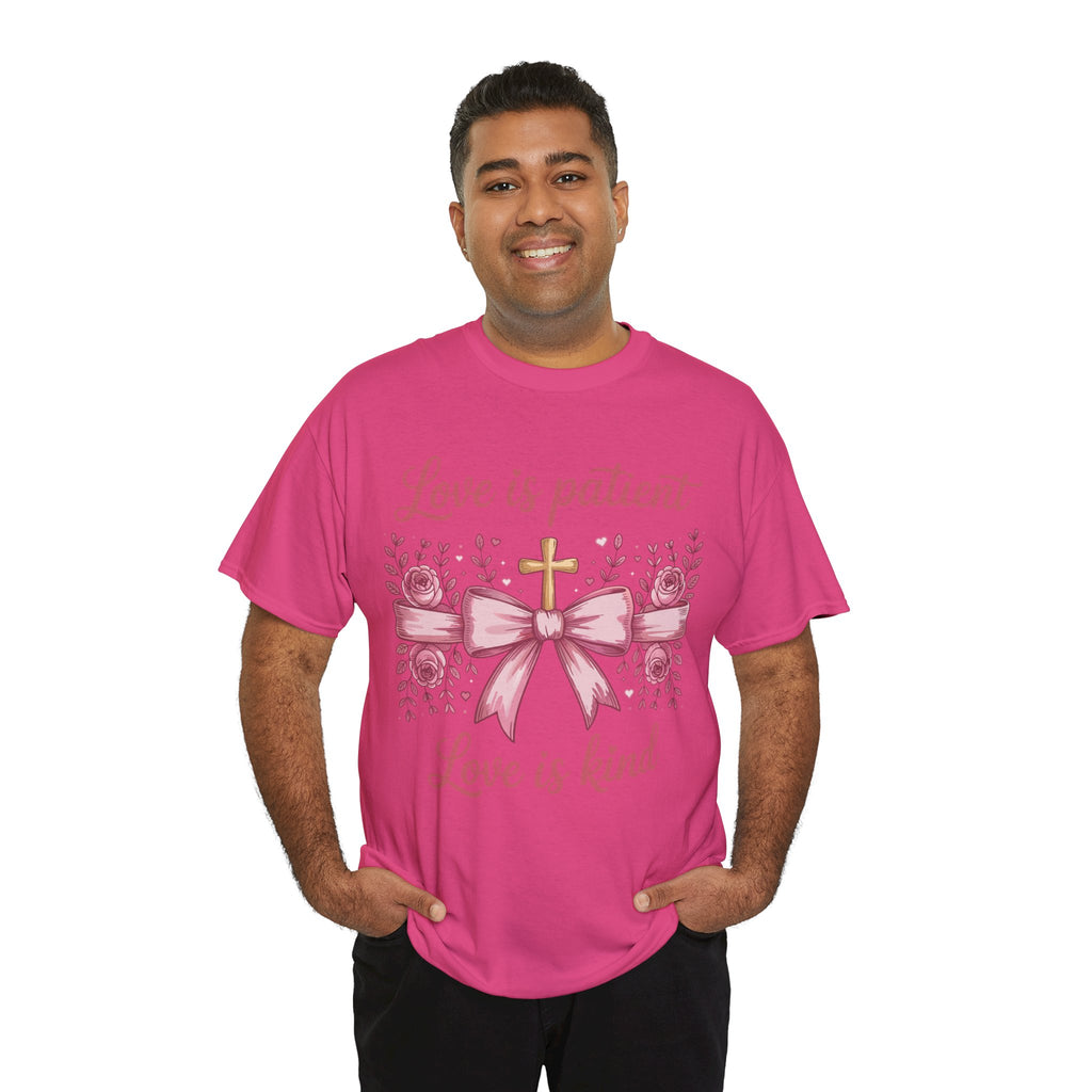Christian Floral Tee — "Love is Patient, Love is Kind" Pink Rose Cross. Unisex Cotton Tee