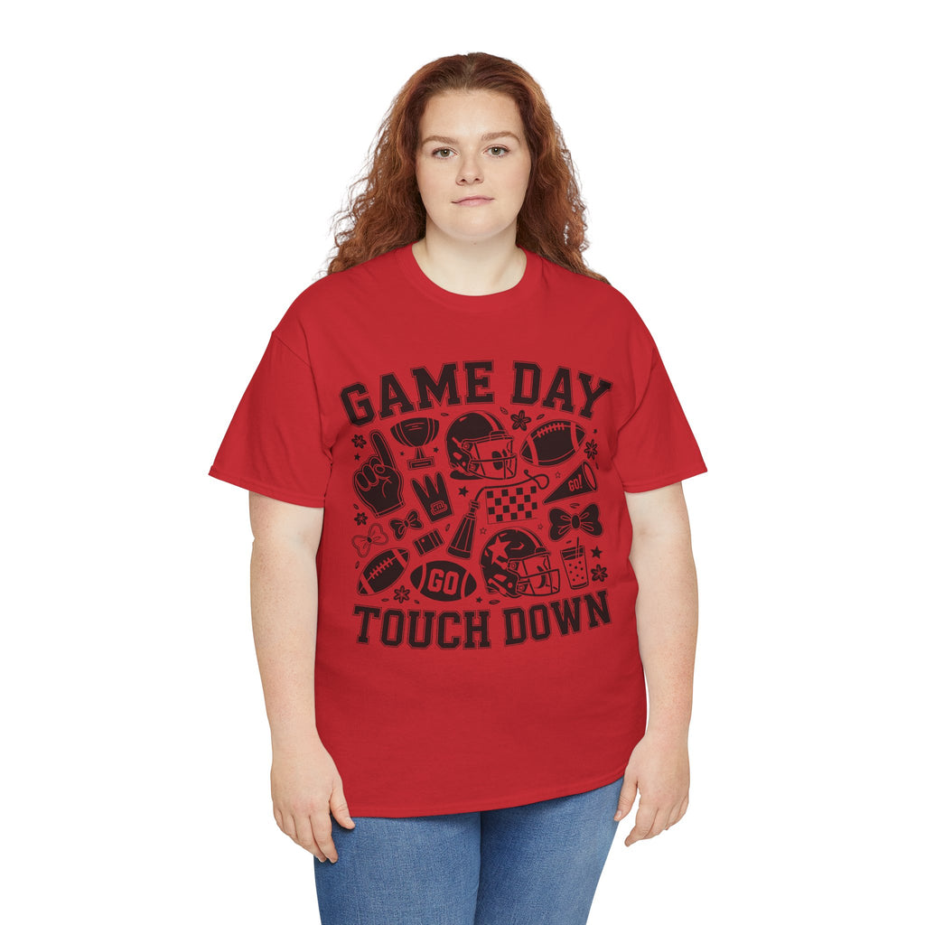 Game Day Touch Down Football T‑Shirt — Helmet & Cheer Monochrome Design Unisex Cotton Tee