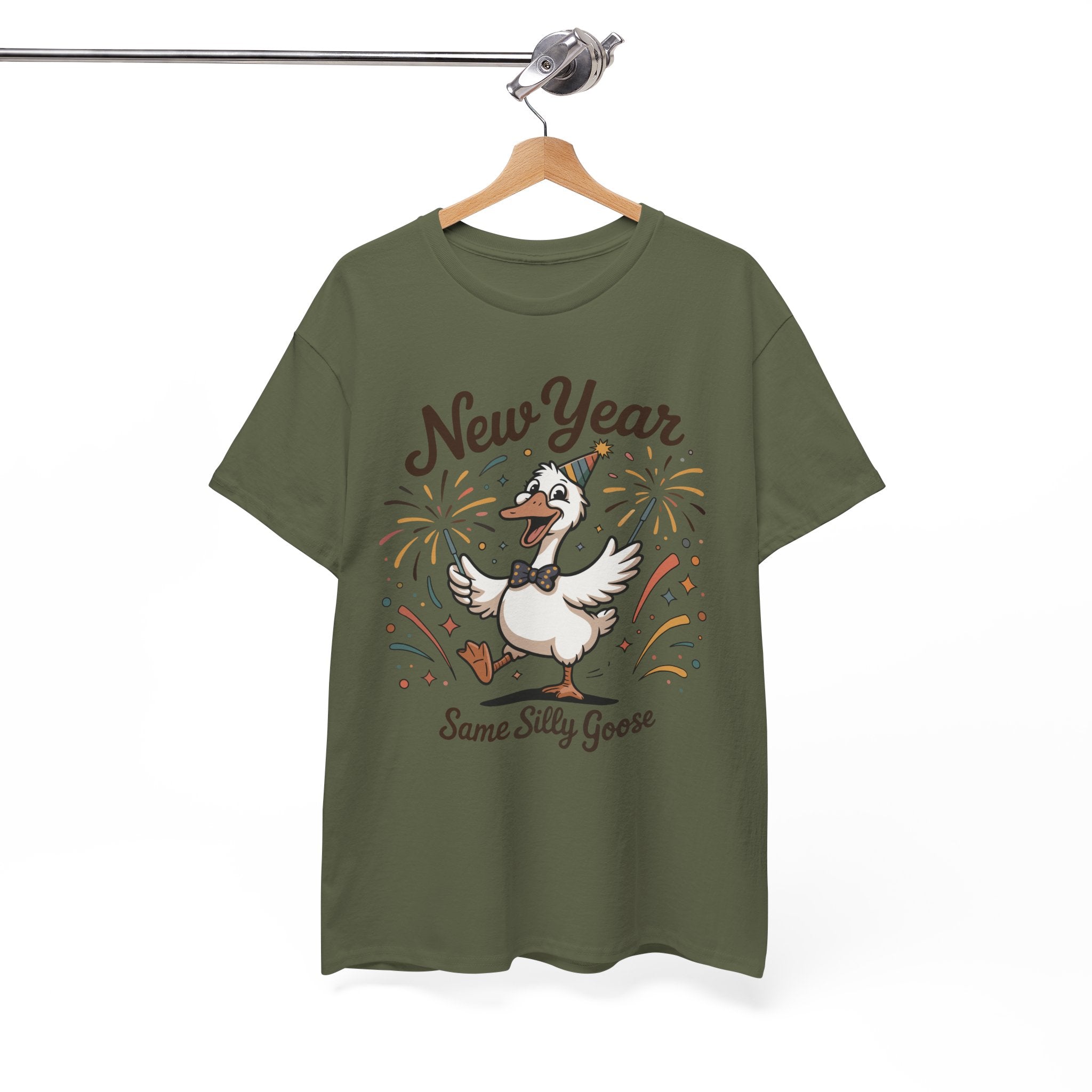 Happy Goose New Year T-Shirt — Party Hat, Fireworks & Confetti Unisex Cotton Tee