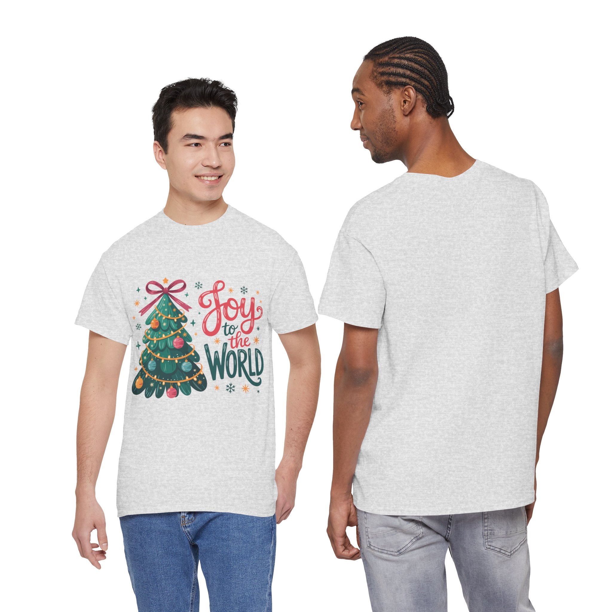 Joy to the World Christmas Tee — Festive Tree with Pink Bow..Unisex Cotton Tee