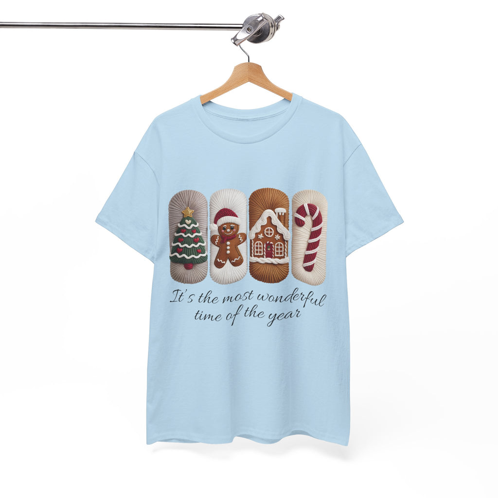 Christmas Faux-Yarn Tree Tee — Gingerbread House & Candy Cane Holiday Unisex Cotton T-Shirt