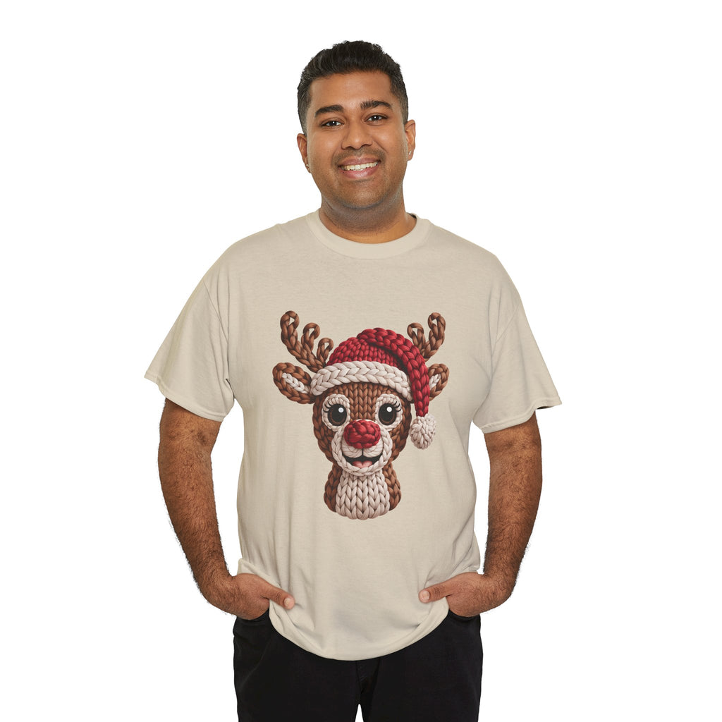 Reindeer in Santa Hat Cotton Tee — Joyful Faux-Yarn Holiday Unisex Coton T-Shirt