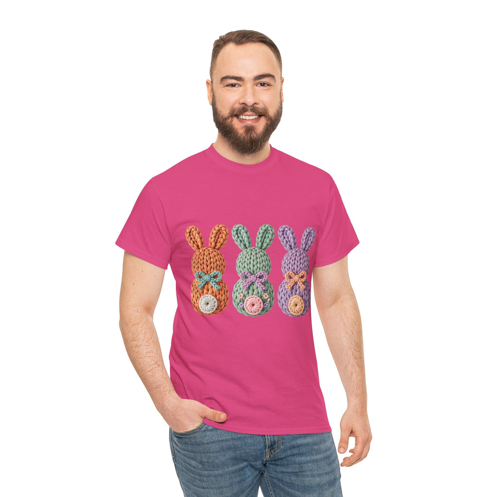 Pastel Crochet Bunny Tee — Trio of Faux Knit Bunnies with Bows & Flowers Unisex Cotton Tee