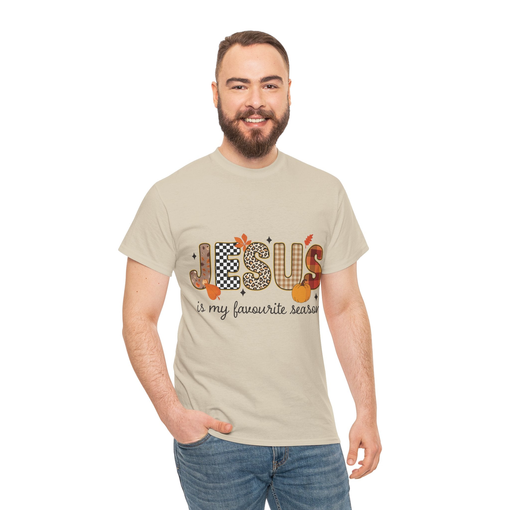 Jesus Is My Favorite Season Tee — Autumn Plaid & Leopard Lettering Unisex Cotton Tee