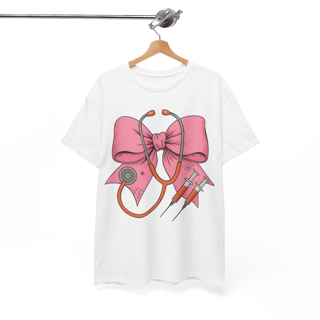 Halloween Nurse T‑Shirt — Pink Nurse Bow with Stethoscope, Syringes & Spider Webs..Unisex Cotton Tee