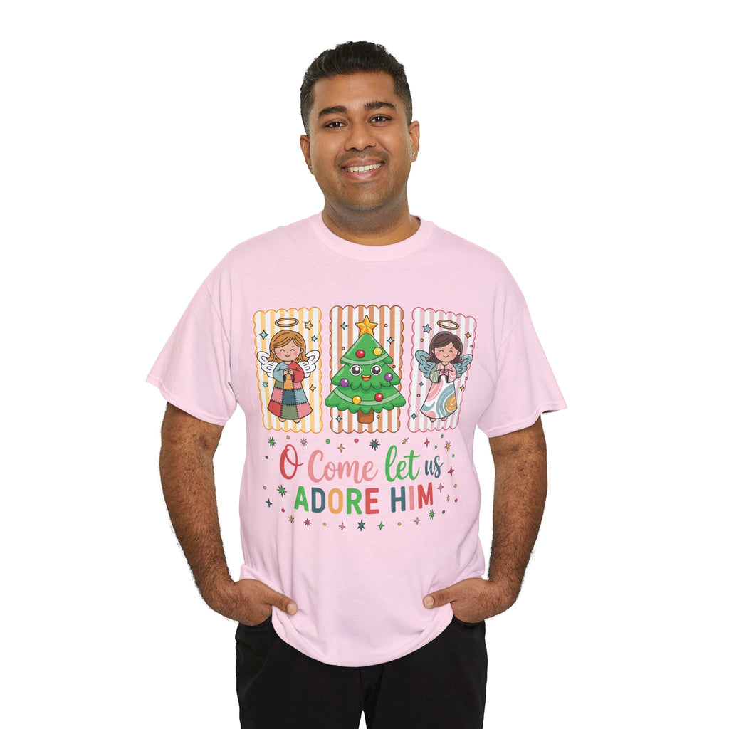 O Come Let Us Adore Him Christmas Tee — Smiling Angels & Happy Tree..Unisex Cotton Tee