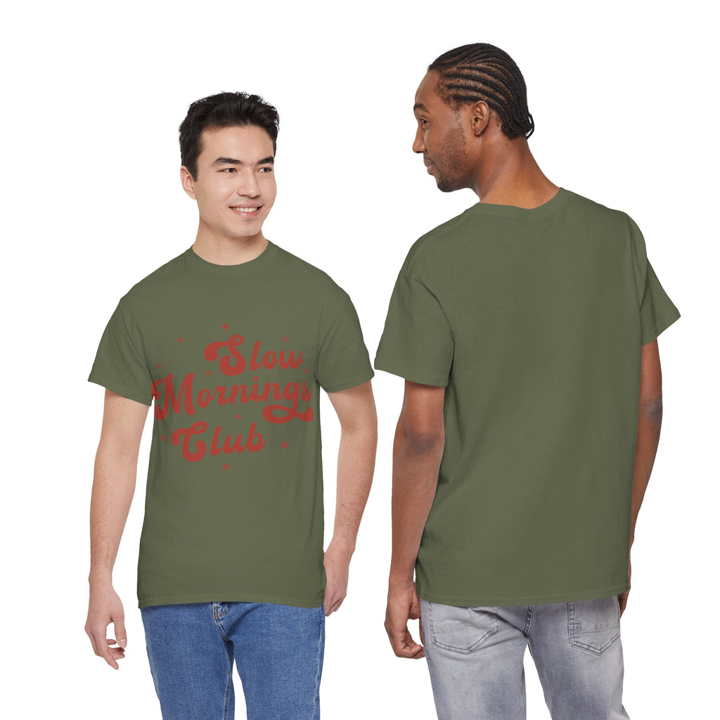 Slow Mornings Club T-Shirt — Retro Red Sparkle Unisex Cotton Tee