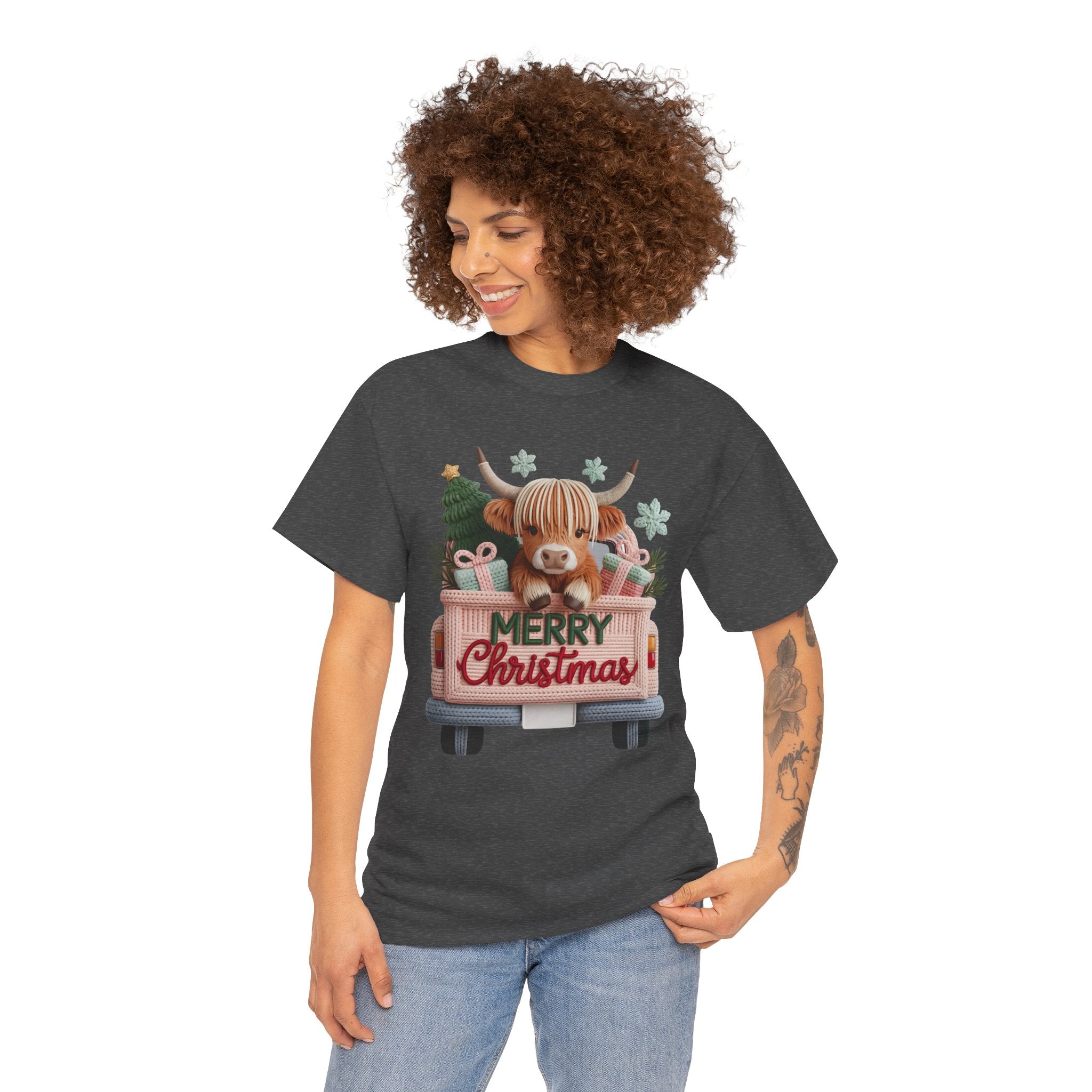 Merry Christmas Highland Cow Knit Truck Unisex Cotton T-Shirt