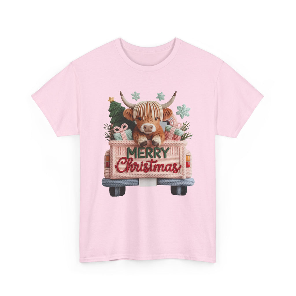Merry Christmas Highland Cow Knit Truck Unisex Cotton T-Shirt