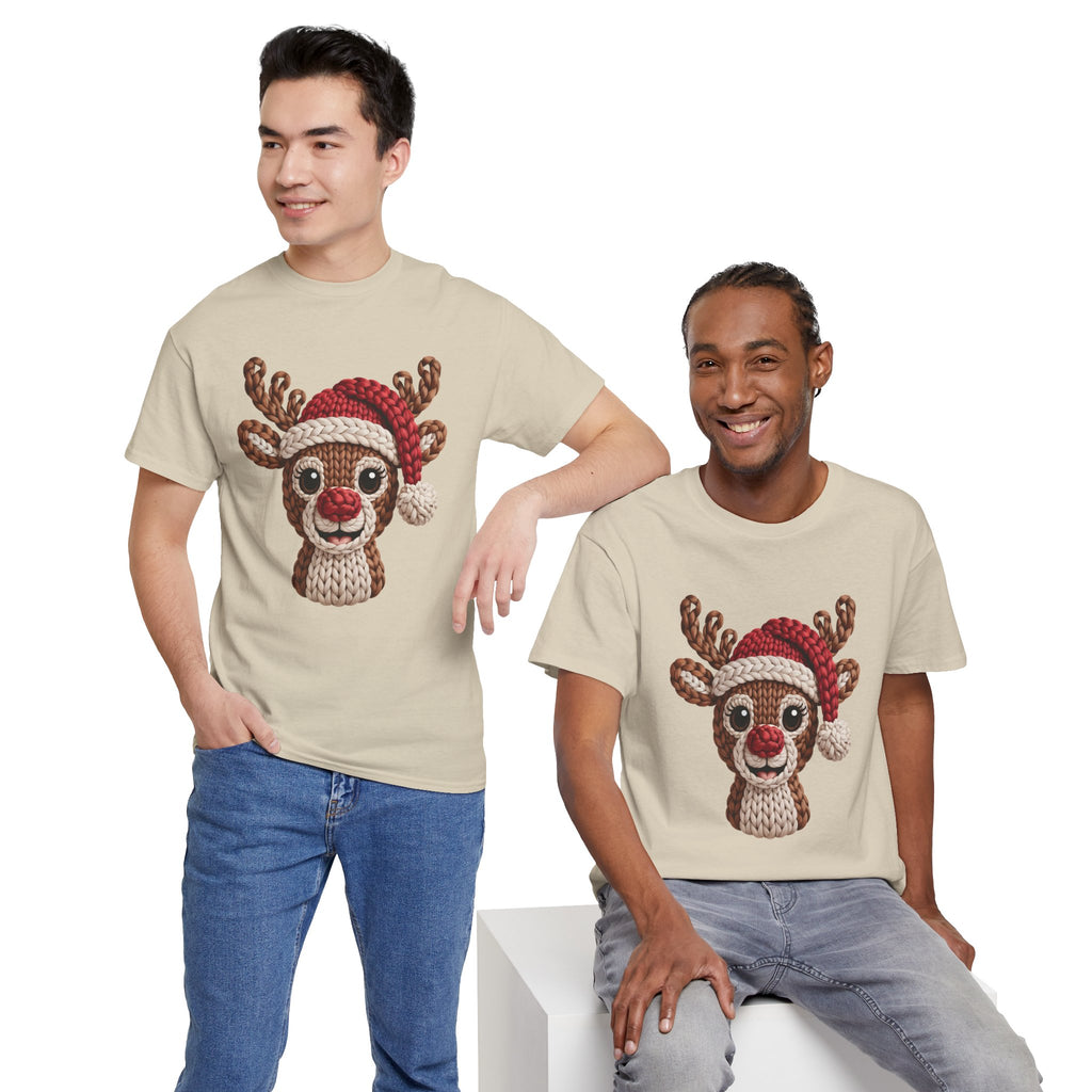 Reindeer in Santa Hat Cotton Tee — Joyful Faux-Yarn Holiday Unisex Coton T-Shirt