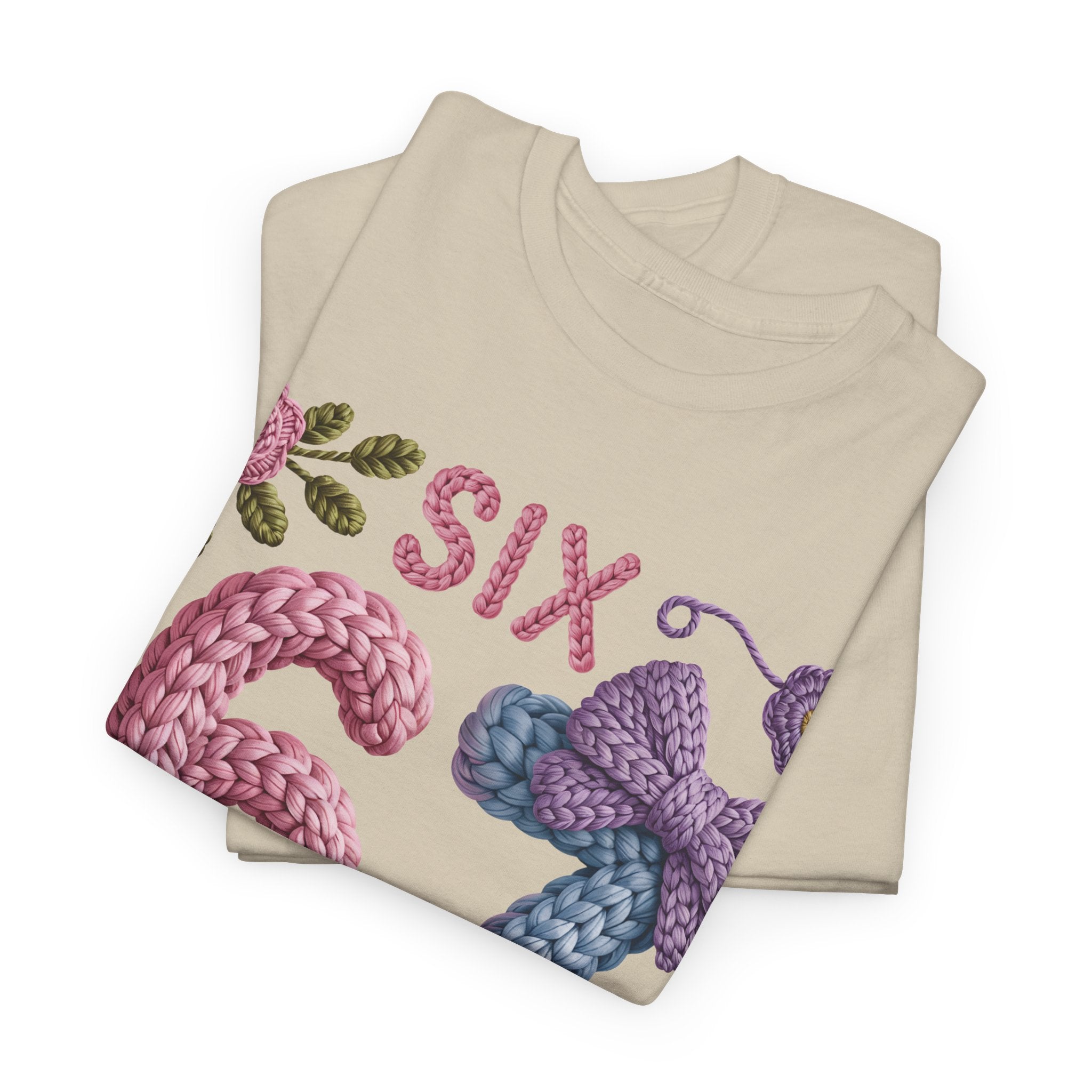 Pastel Crochet Numbers 6 & 7 Tee — Faux-Yarn Bows & Flowers. Unisex Cotton Tee