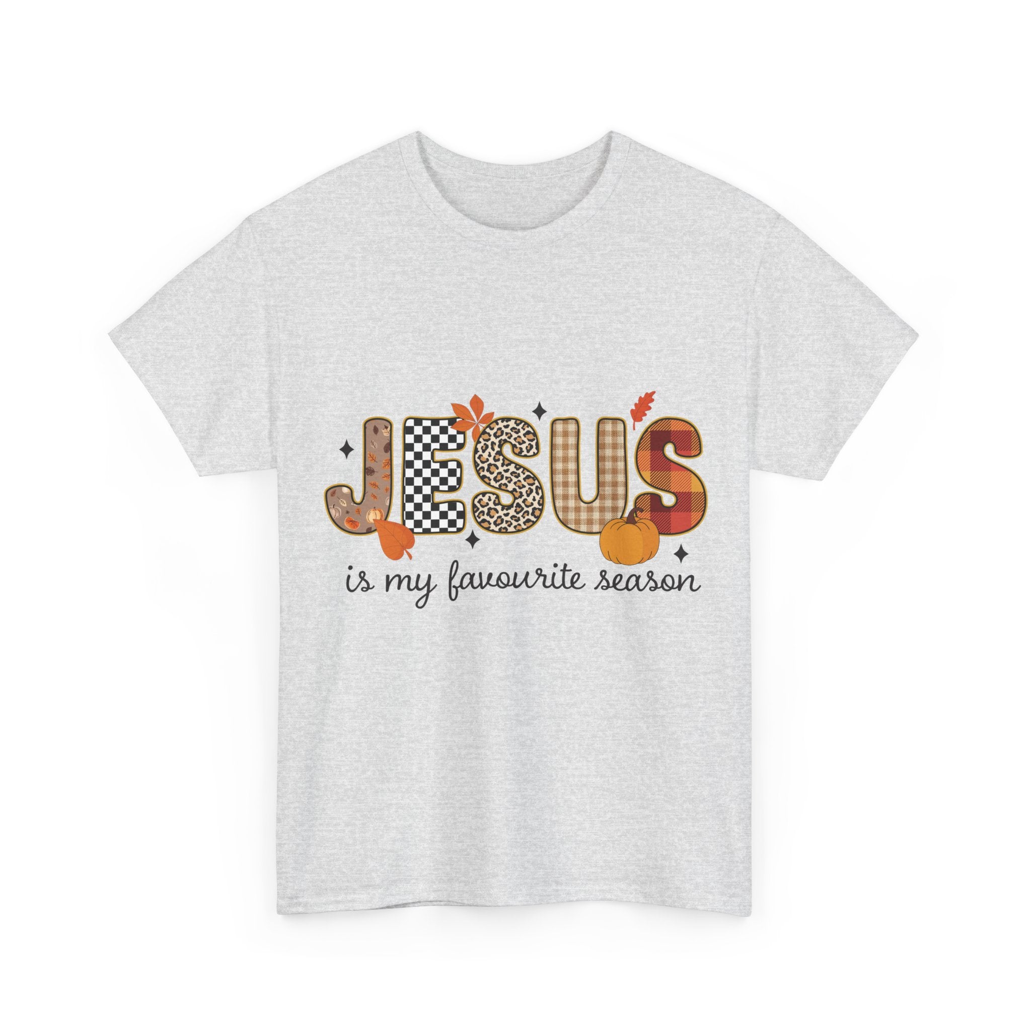 Jesus Is My Favorite Season Tee — Autumn Plaid & Leopard Lettering Unisex Cotton Tee