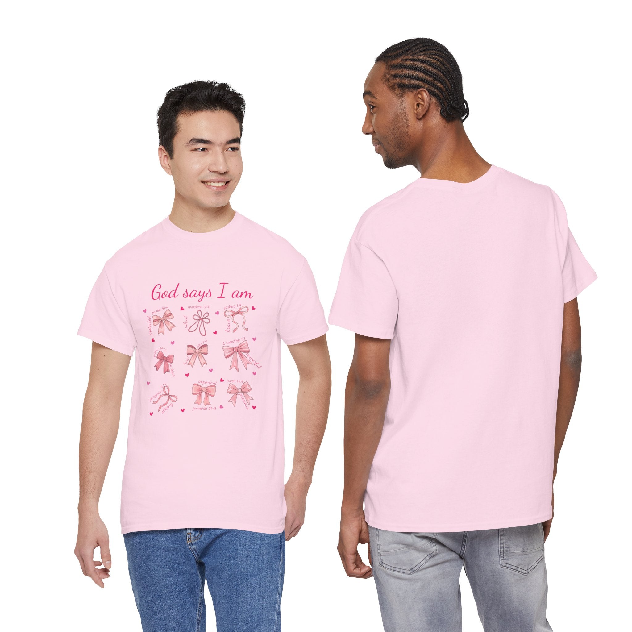 God Says I Am Pink Bow Tee — Faith-Based 'Loved, Brave, Strong' Unisex Cotton Shirt