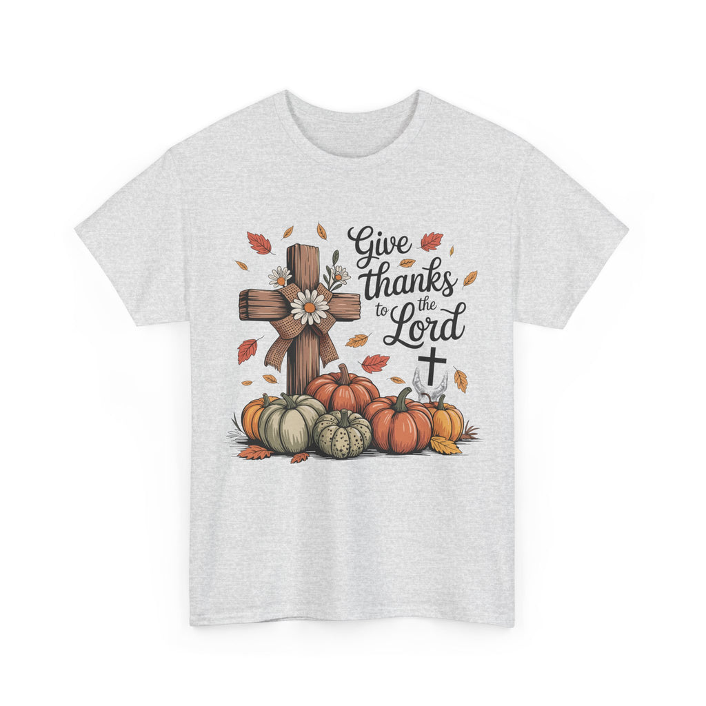 Give Thanks to the Lord Autumn Tee — Wooden Cross, Pumpkins & Daisies..Unisex Cotton Tee
