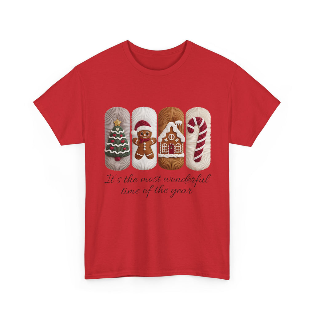 Christmas Faux-Yarn Tree Tee — Gingerbread House & Candy Cane Holiday Unisex Cotton T-Shirt