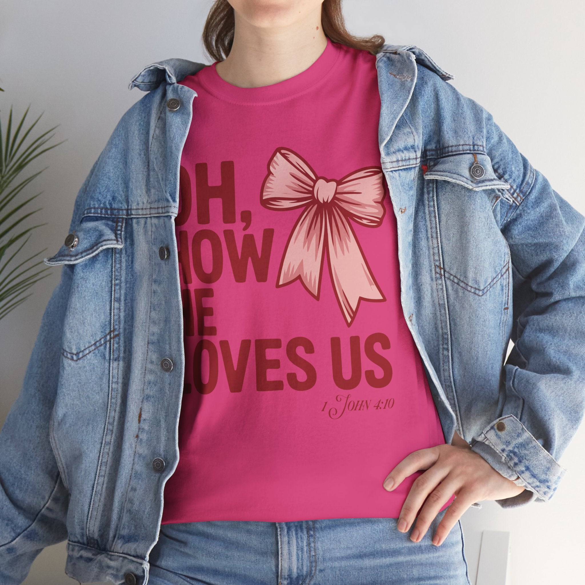 Oh, How He Loves Us Christian Valentine Tee — 1 John 4:10 Red & Pink Unisex Cotton Tee