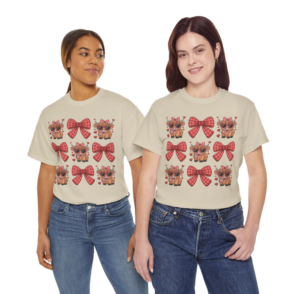 Valentine Cow Checkered Tee — Fluffy Cows with Heart Sunglasses & Red Bows..Unisex Cotton Tee