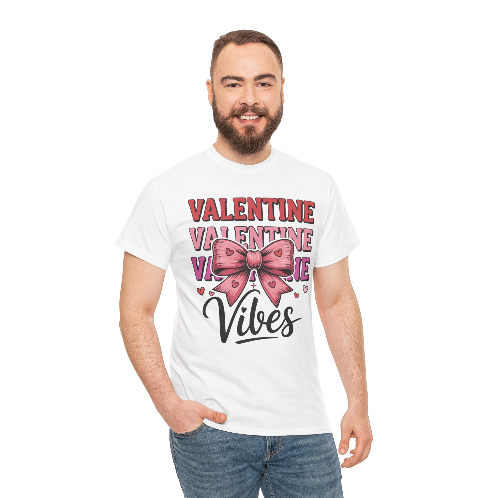 Valentine Vibes T-Shirt — Pink Bow Heart Graphic Unisex Cotton Tee