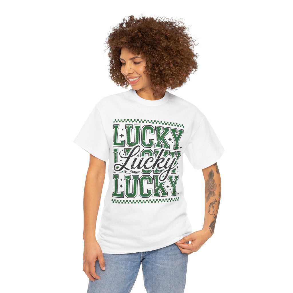 Lucky Varsity Tee — Layered Green ‘Lucky’ Graphic Unisex Cotton Tee