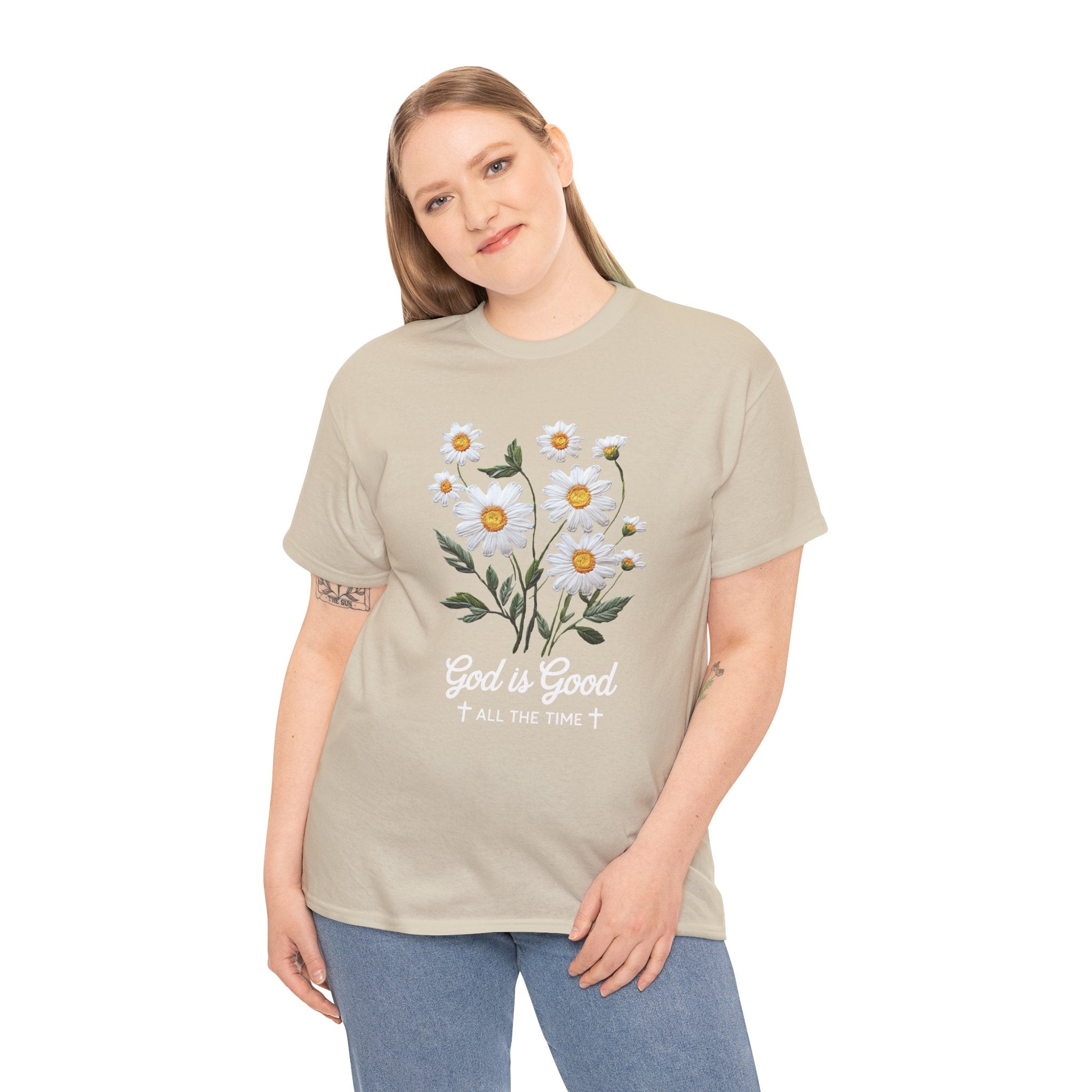 God Is Good All The Time Embroidered Daisy Unisex Cotton Tee
