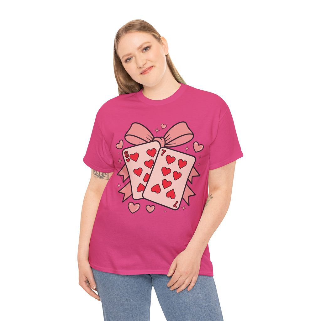 6 & 7 of Hearts T-Shirt — Paired Playing Cards with Pink Bow Unisex Cotton Tee