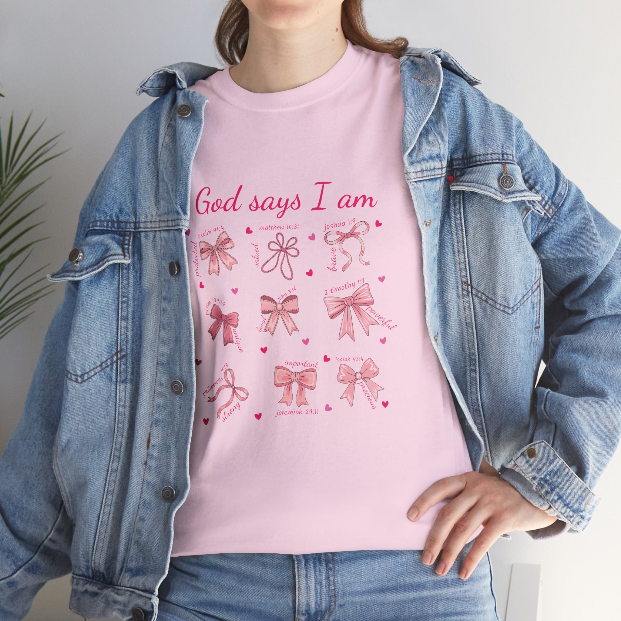 God Says I Am Pink Bow Tee — Faith-Based 'Loved, Brave, Strong' Unisex Cotton Shirt