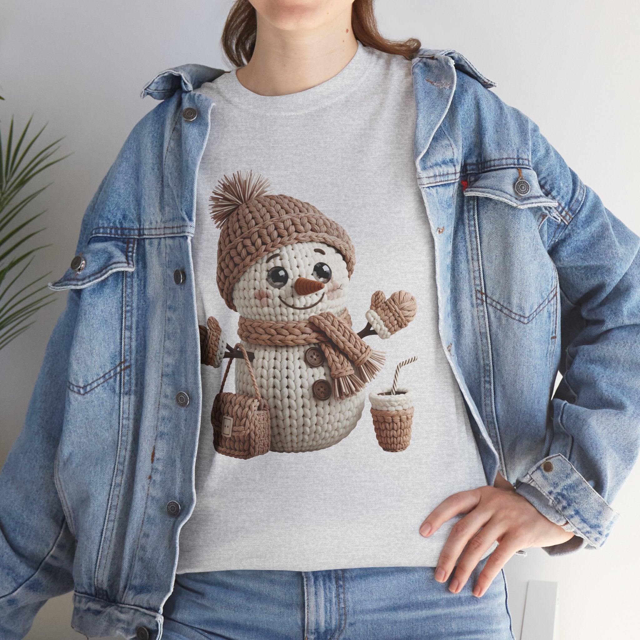 Snowman Knit‑Style Graphic Tee — Cute Faux‑Yarn Snowman with Hat, Scarf & Mittens.Unisex Cotton Tee