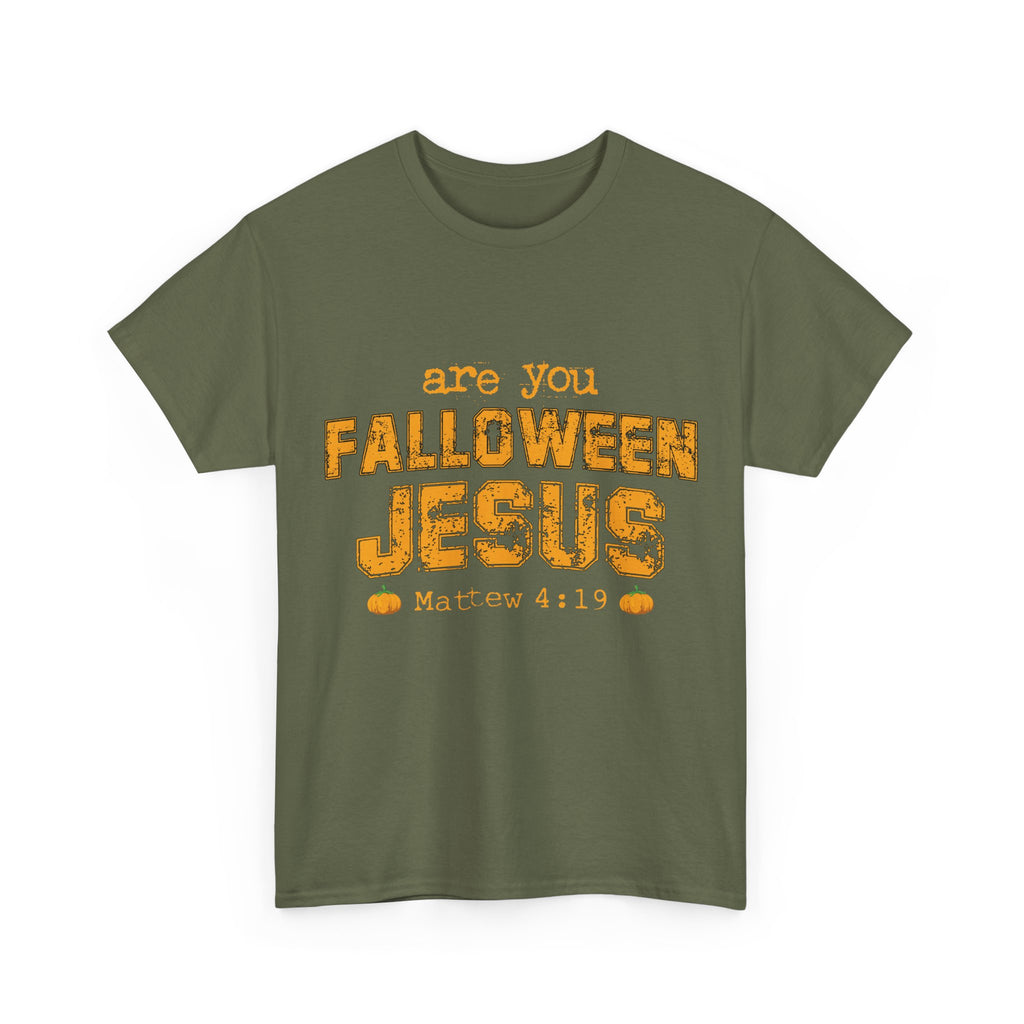 Christian Halloween T-Shirt — “Are You Falloween Jesus? Matthew 4:19” Distressed Pumpkin Design. Unisex Cotton Tee