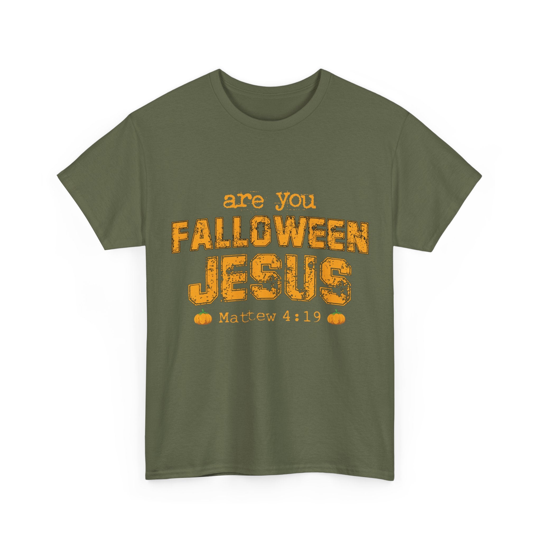 Christian Halloween T-Shirt — “Are You Falloween Jesus? Matthew 4:19” Distressed Pumpkin Design. Unisex Cotton Tee