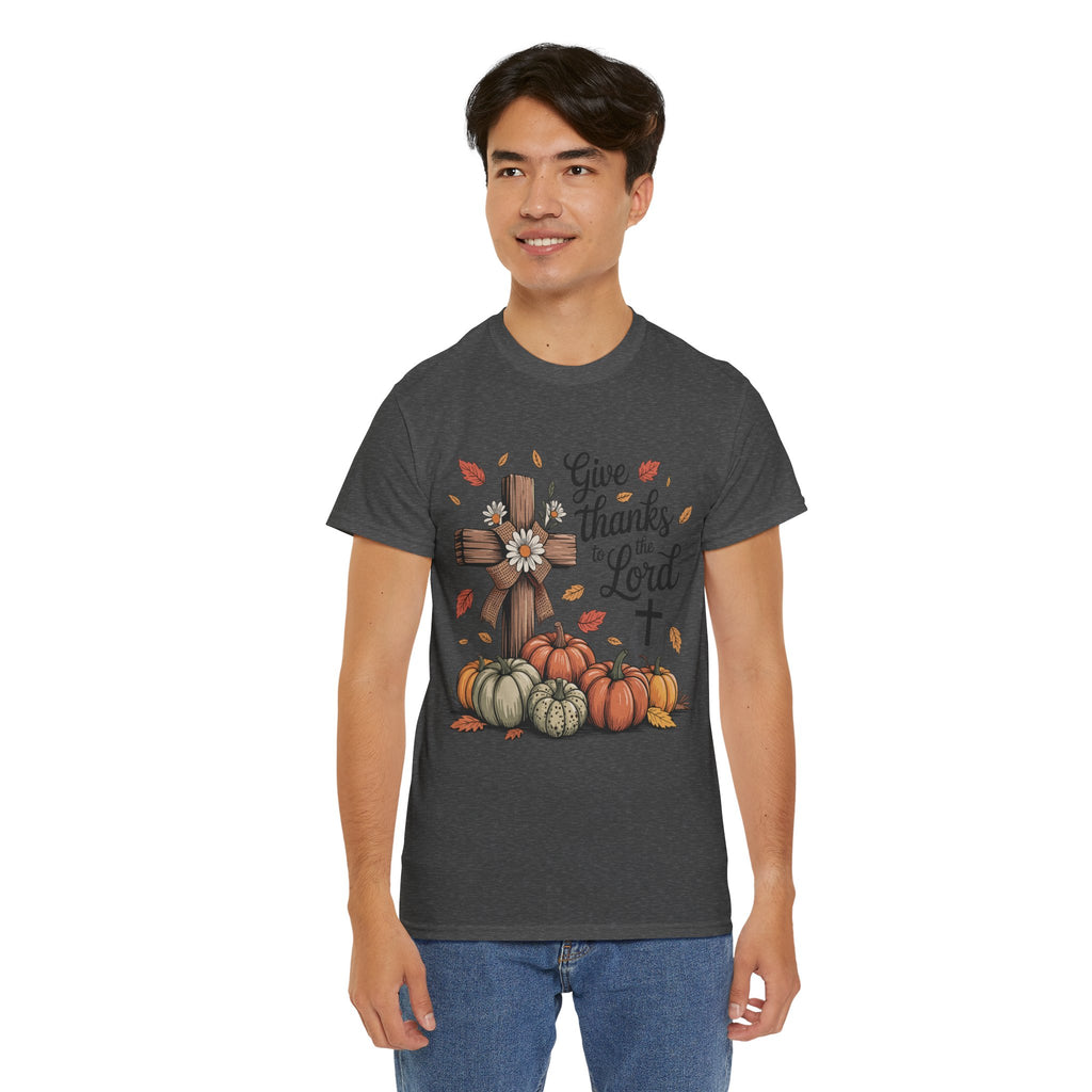 Give Thanks to the Lord Autumn Tee — Wooden Cross, Pumpkins & Daisies..Unisex Cotton Tee