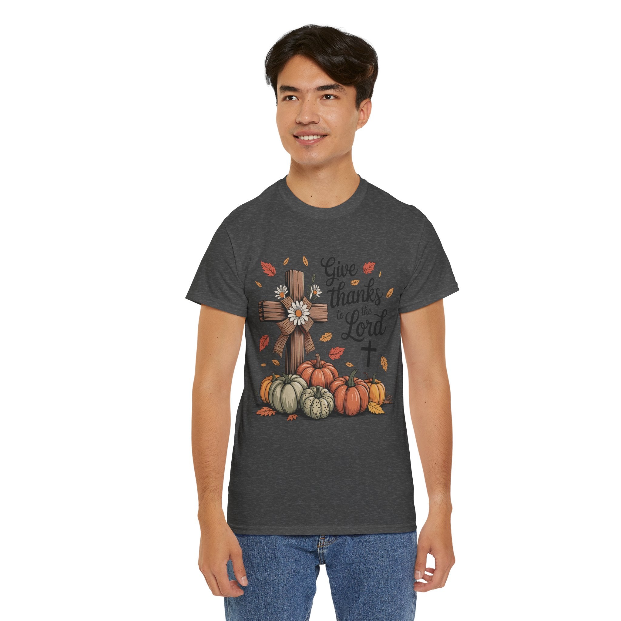 Give Thanks to the Lord Autumn Tee — Wooden Cross, Pumpkins & Daisies..Unisex Cotton Tee