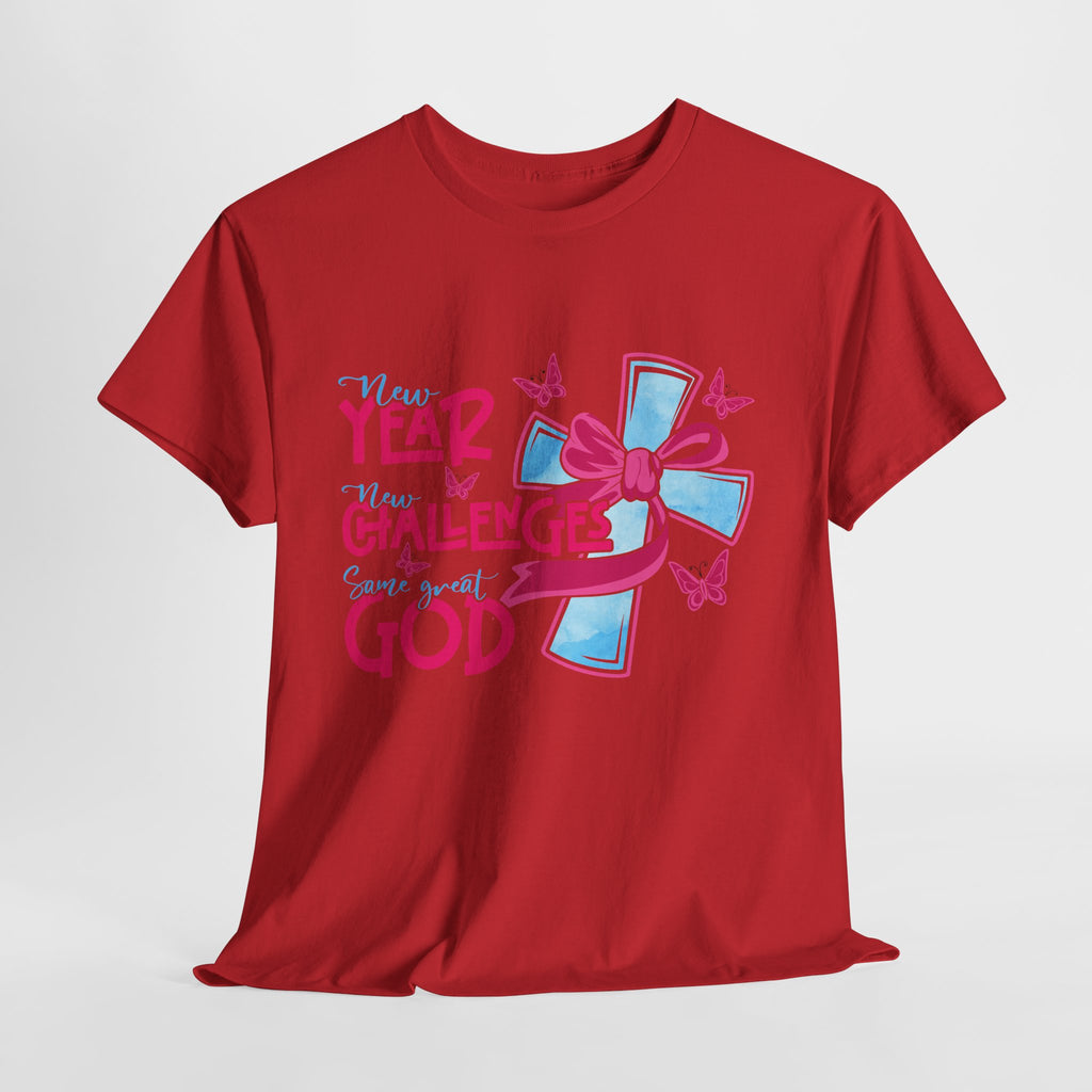 Christian T-Shirt — “New Year, New Challenges, Same Great God” with Pink Bow Cross & Butterflies. Unisex Cotton Tee