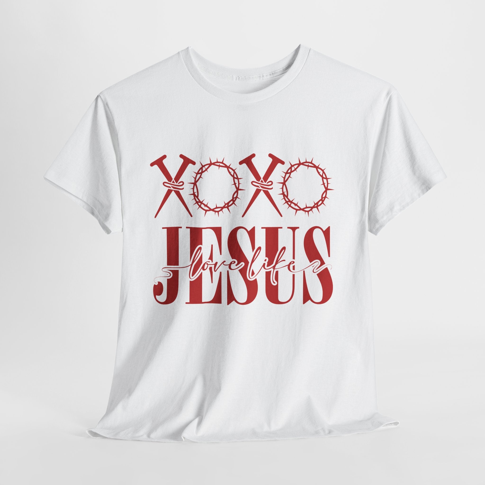 Christian Valentine T-Shirt — "XOXO Jesus Love Life" Nails & Thorn Crown Design Unisex Cotton Tee