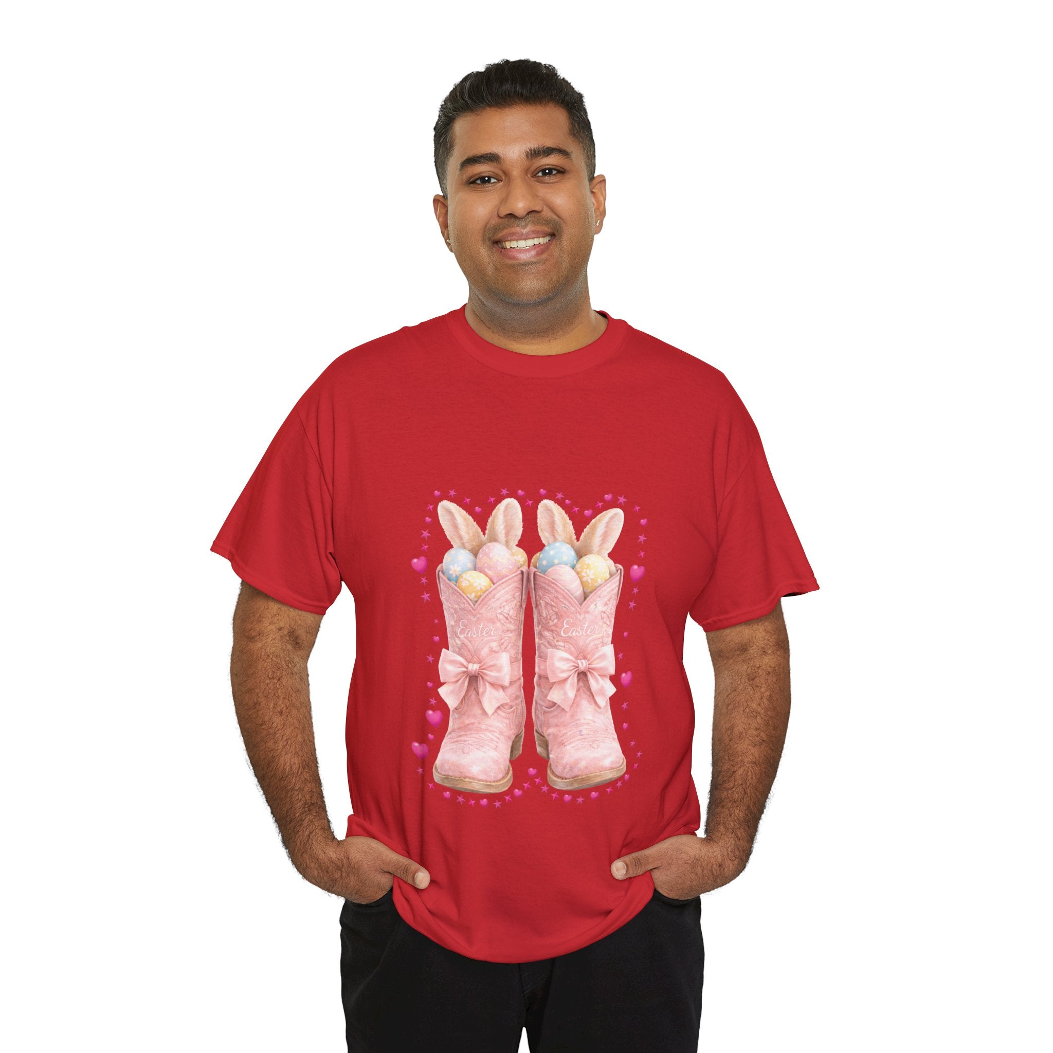 Easter Pink Western Boots Tee — Pastel Bunny Eggs & Bows Unisex Cotton Tee