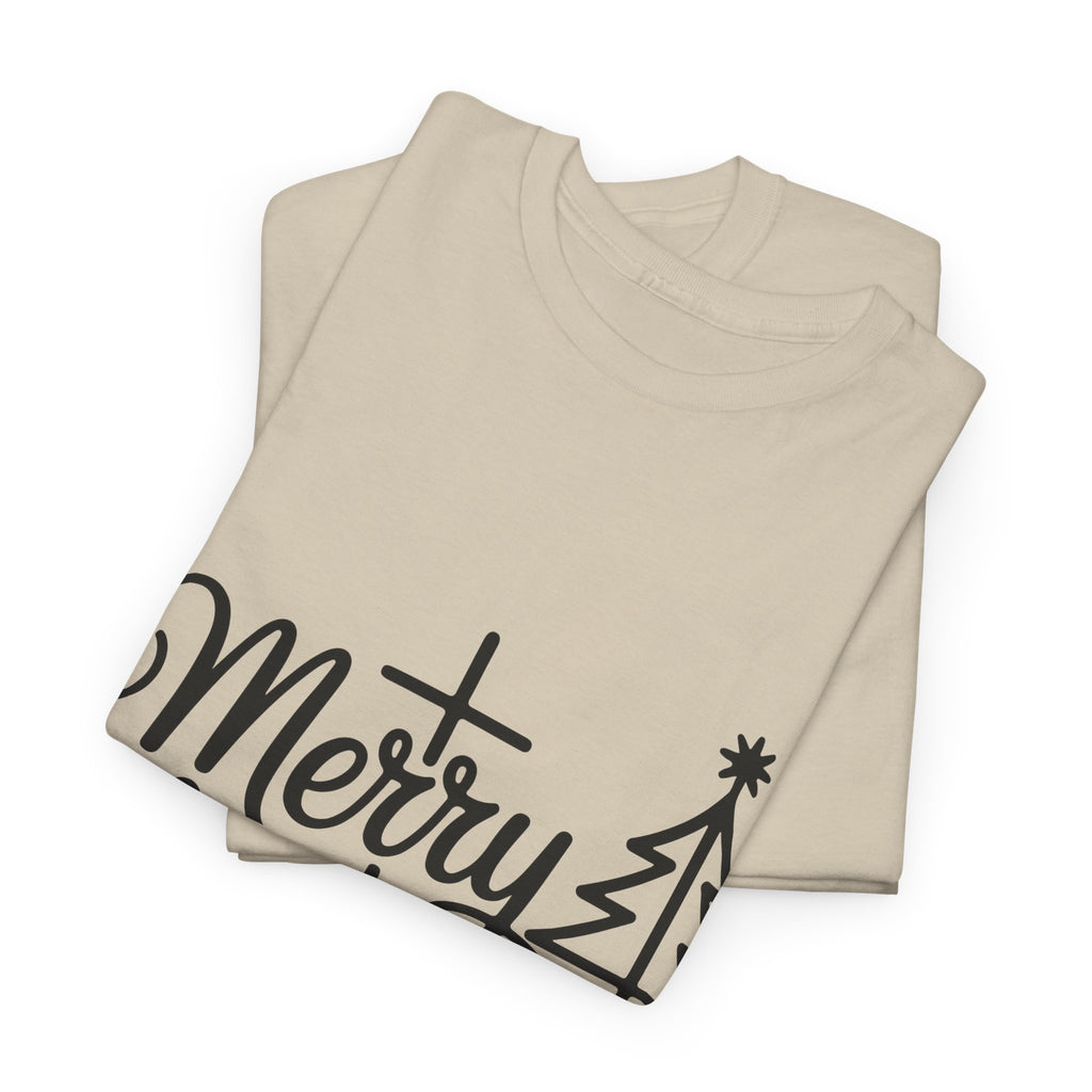 Merry Christmas Script T-Shirt with Cross & Tree(Unisex Cotton Tee)