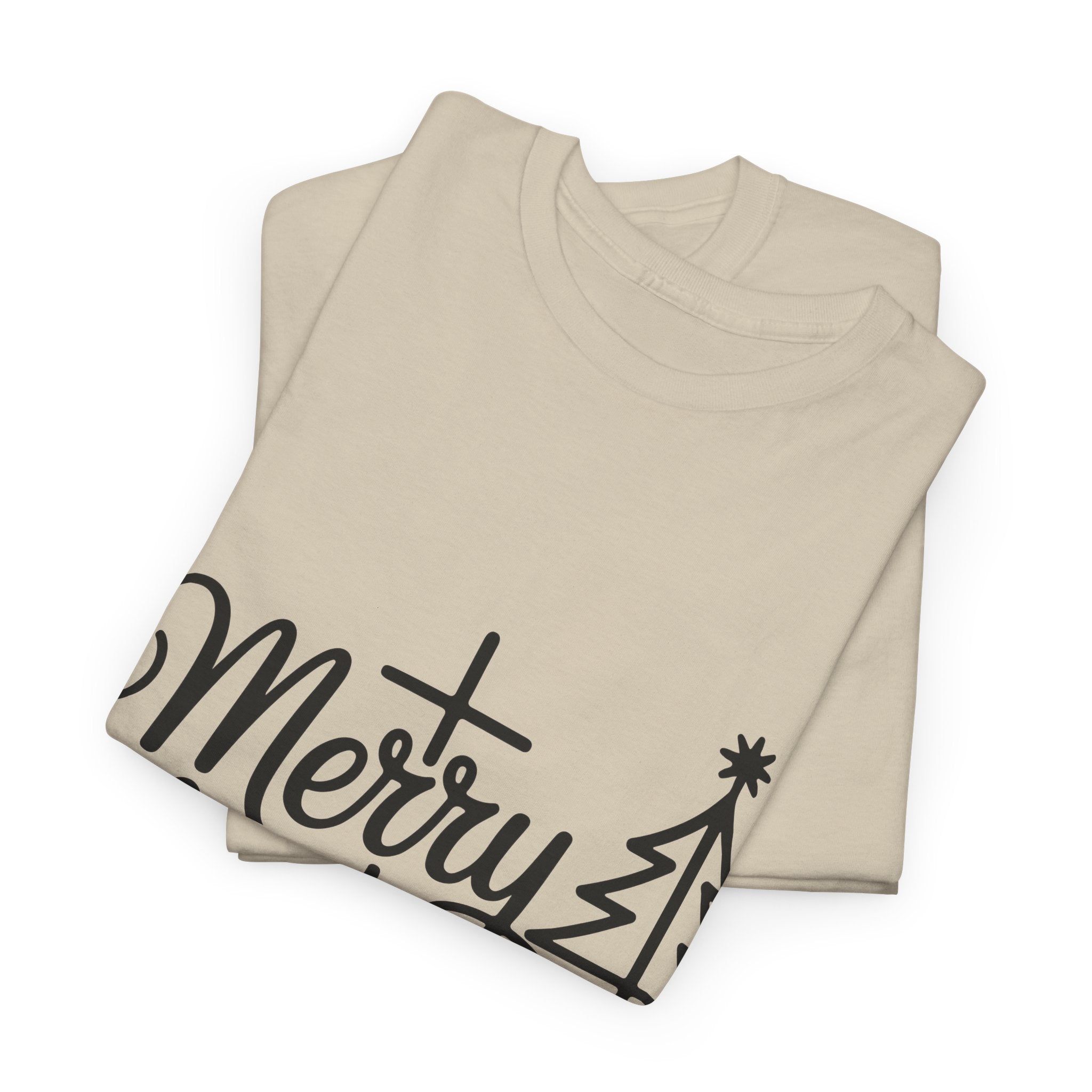 Merry Christmas Script T-Shirt with Cross & Tree(Unisex Cotton Tee)