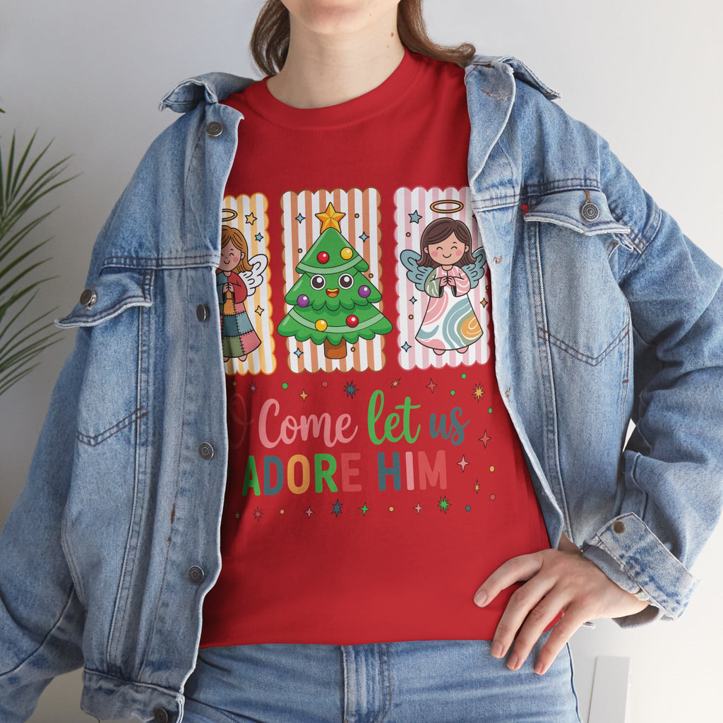 O Come Let Us Adore Him Christmas Tee — Smiling Angels & Happy Tree..Unisex Cotton Tee