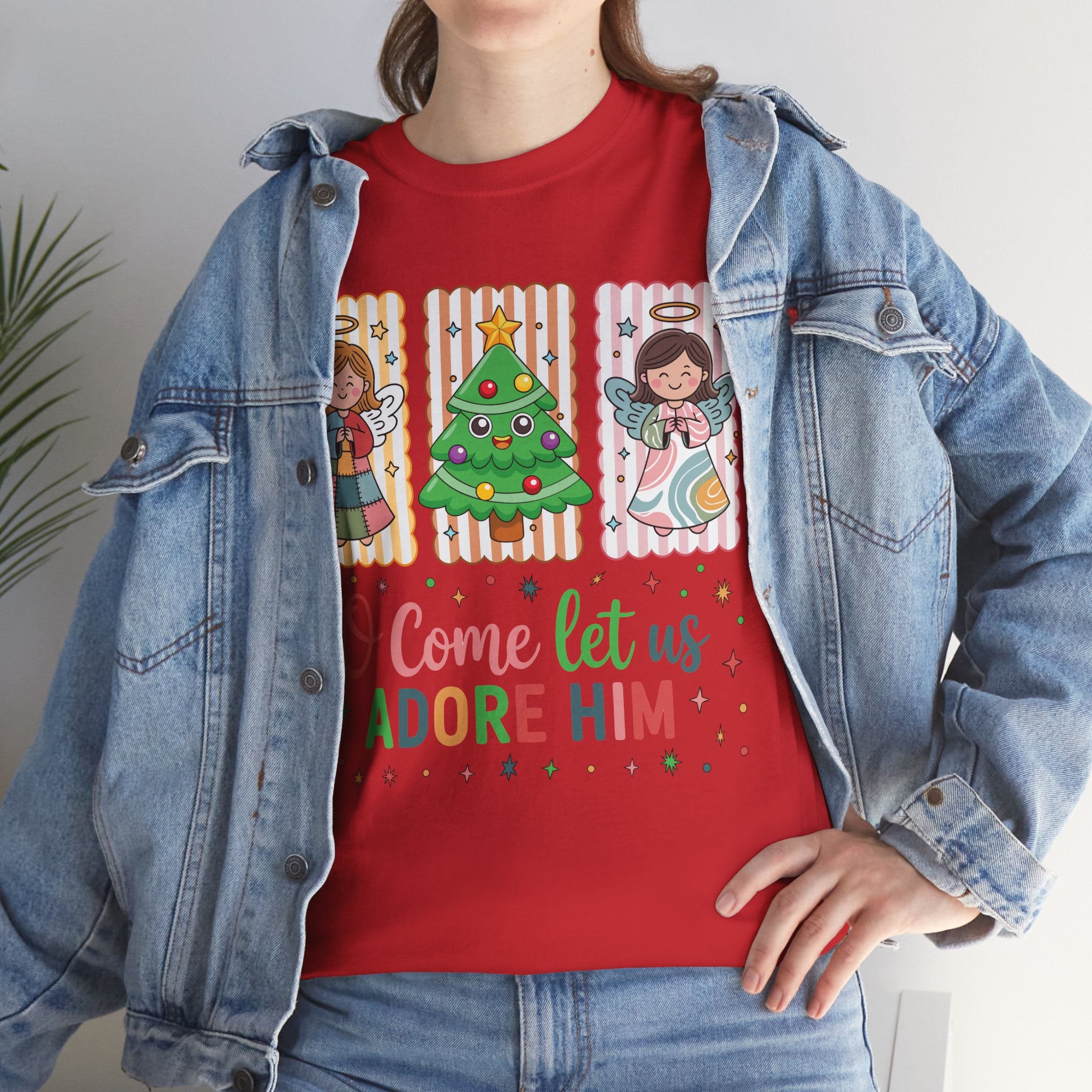 O Come Let Us Adore Him Christmas Tee — Smiling Angels & Happy Tree..Unisex Cotton Tee