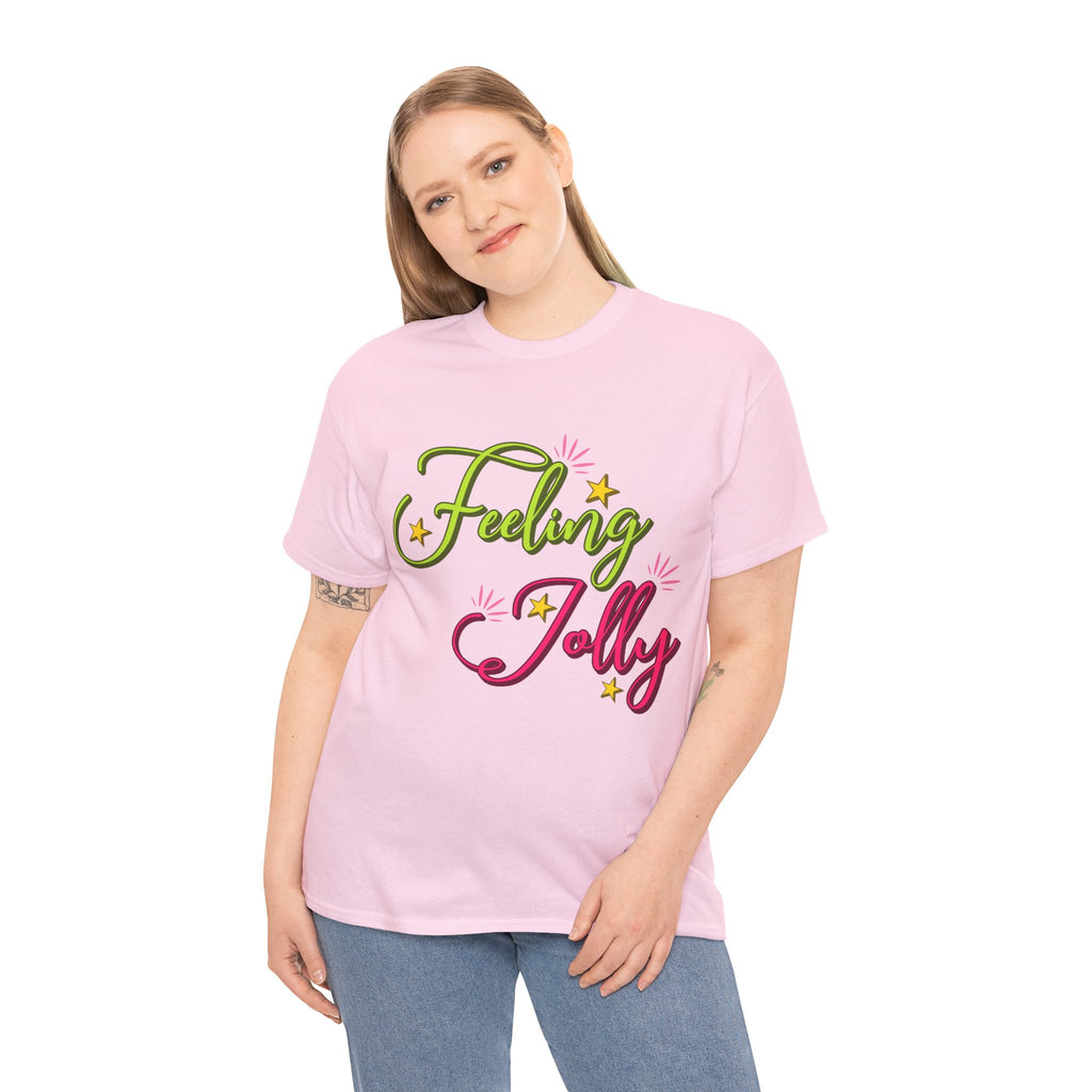 Feeling Jolly Tee — Festive Green & Pink Script with Yellow Stars Unisex Cotton Tee