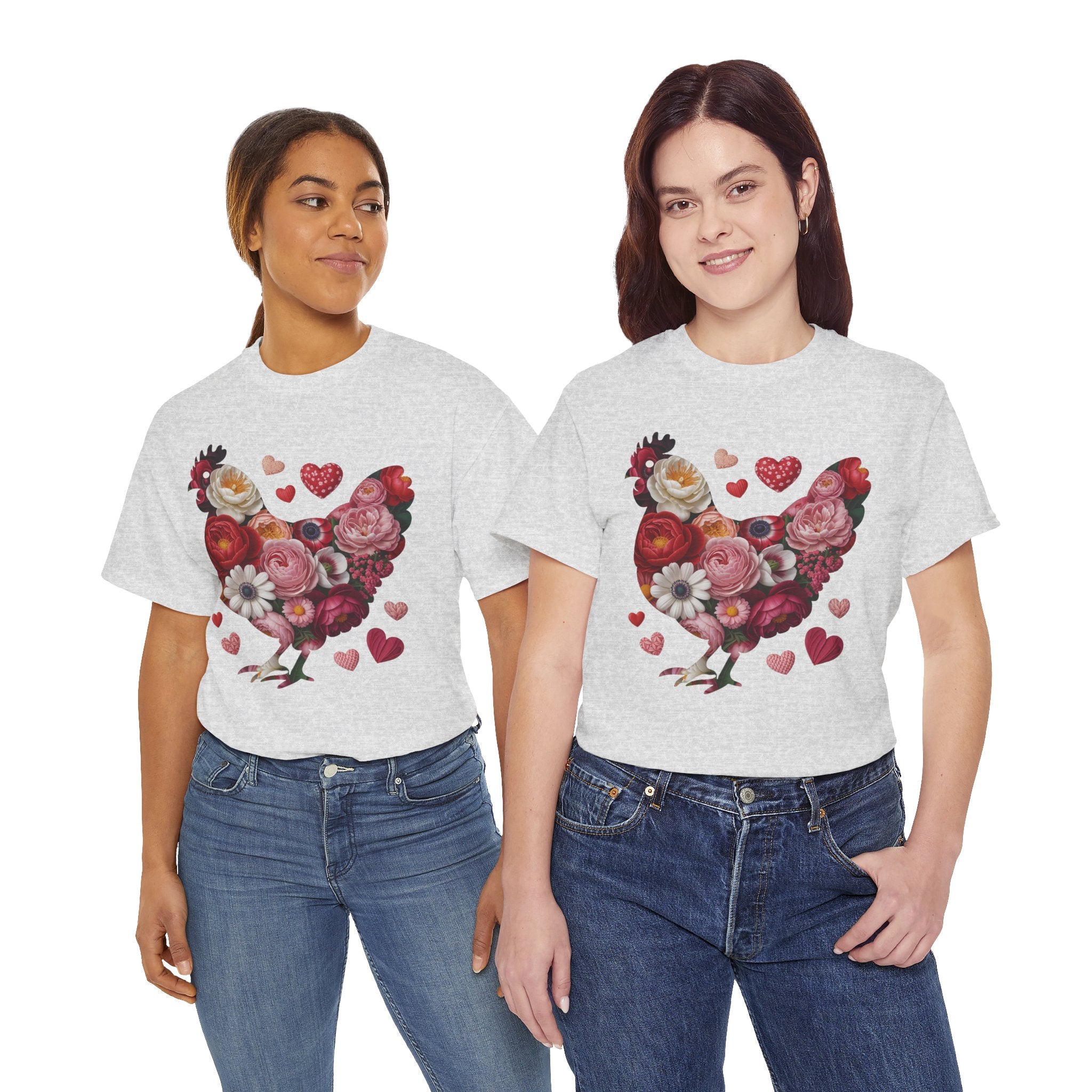 Floral Chicken Heart Tee — Red & Pink Flower Silhouette Unisex Cotton Tee