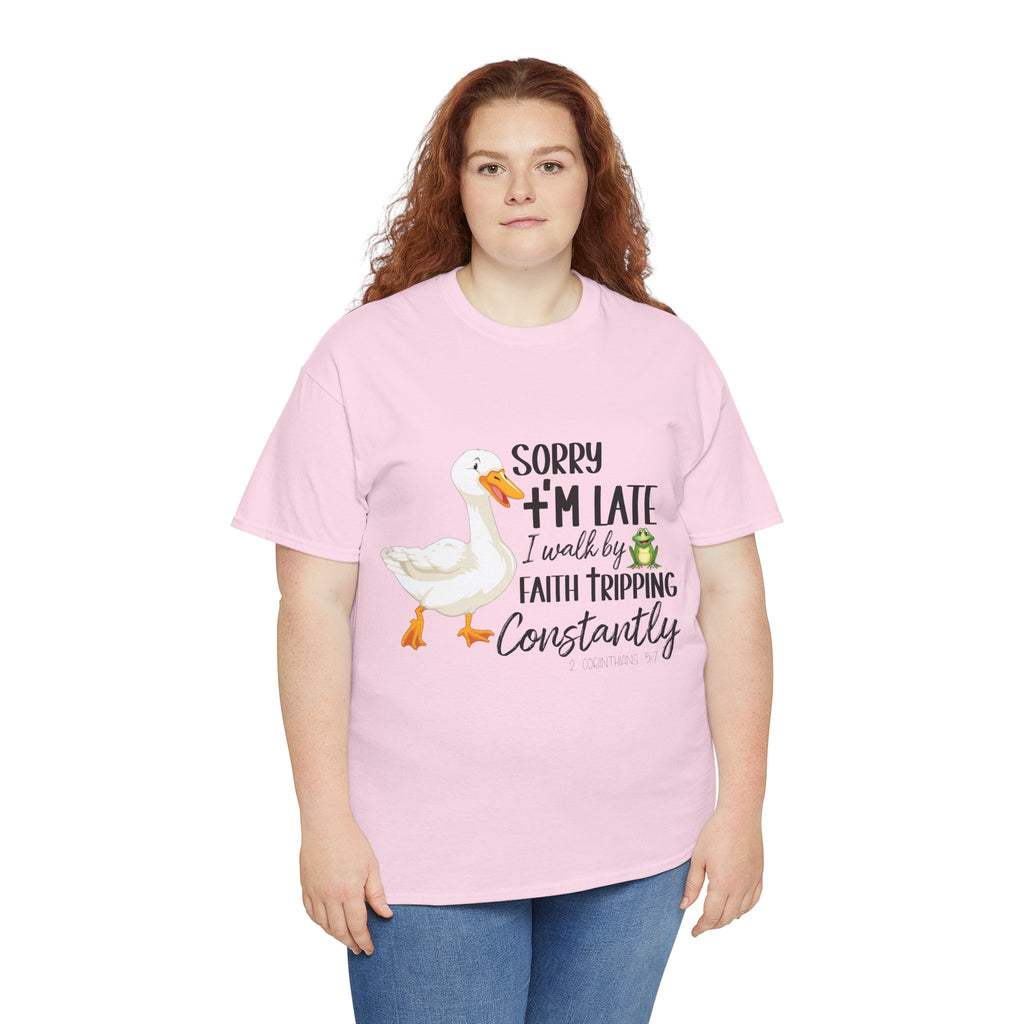 Christian Humor T-Shirt — “Sorry I’m Late, I Walk by Faith Tripping Constantly” (Duck & Frog). Unisex Cotton Tee
