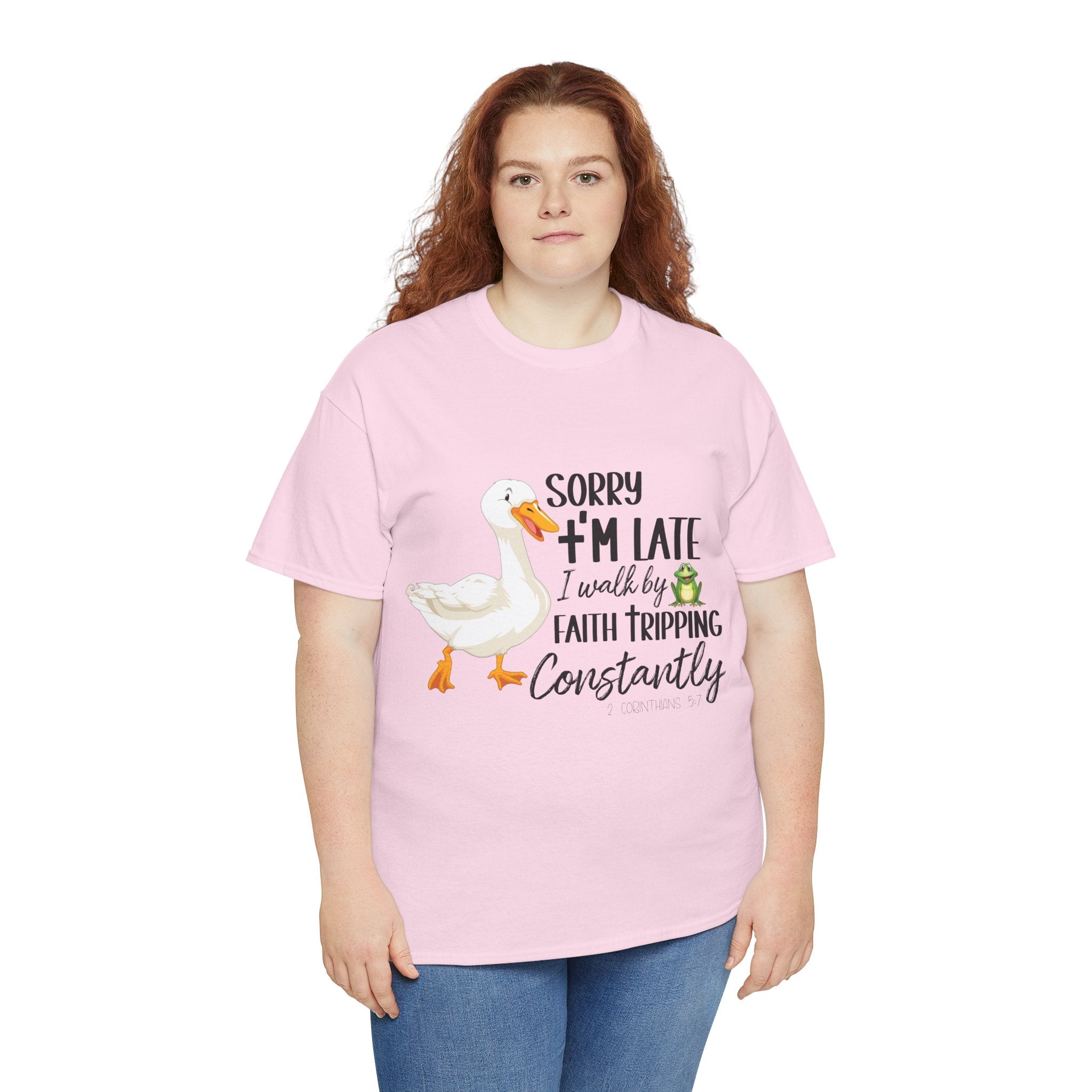 Christian Humor T-Shirt — “Sorry I’m Late, I Walk by Faith Tripping Constantly” (Duck & Frog). Unisex Cotton Tee