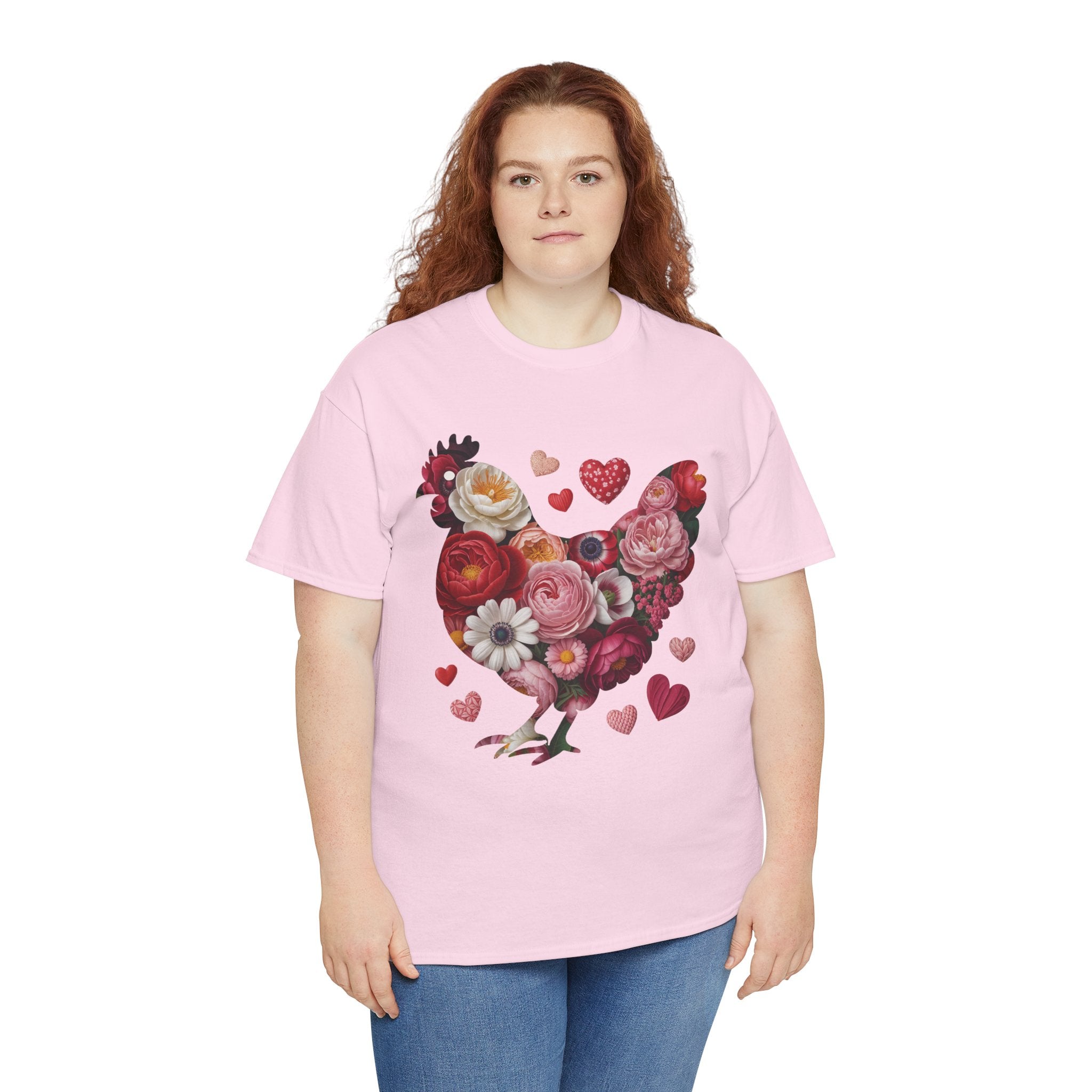 Floral Chicken Heart Tee — Red & Pink Flower Silhouette Unisex Cotton Tee