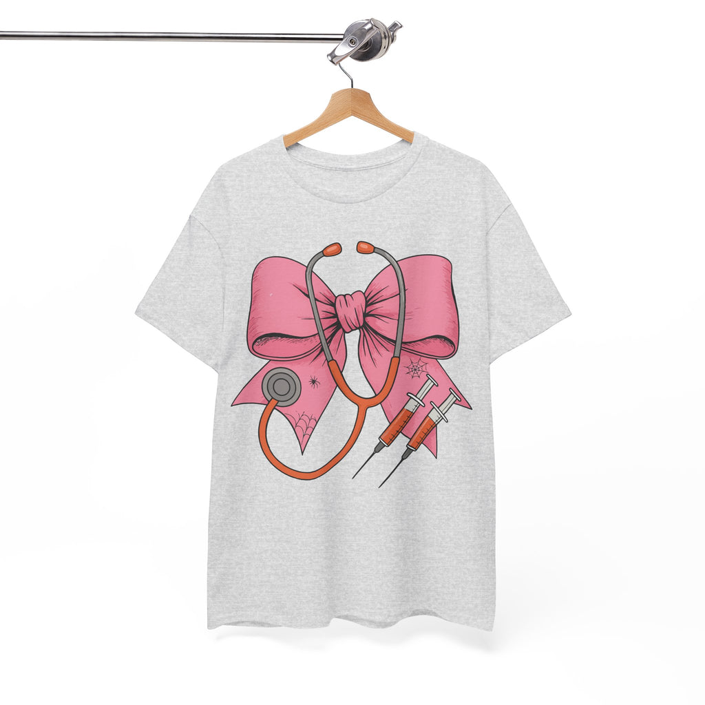 Halloween Nurse T‑Shirt — Pink Nurse Bow with Stethoscope, Syringes & Spider Webs..Unisex Cotton Tee