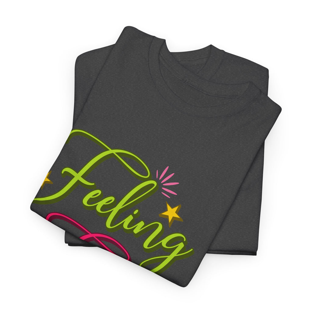 Feeling Frosty Holiday T-Shirt — Green & Pink Script Stars.Unisex Cotton Tee