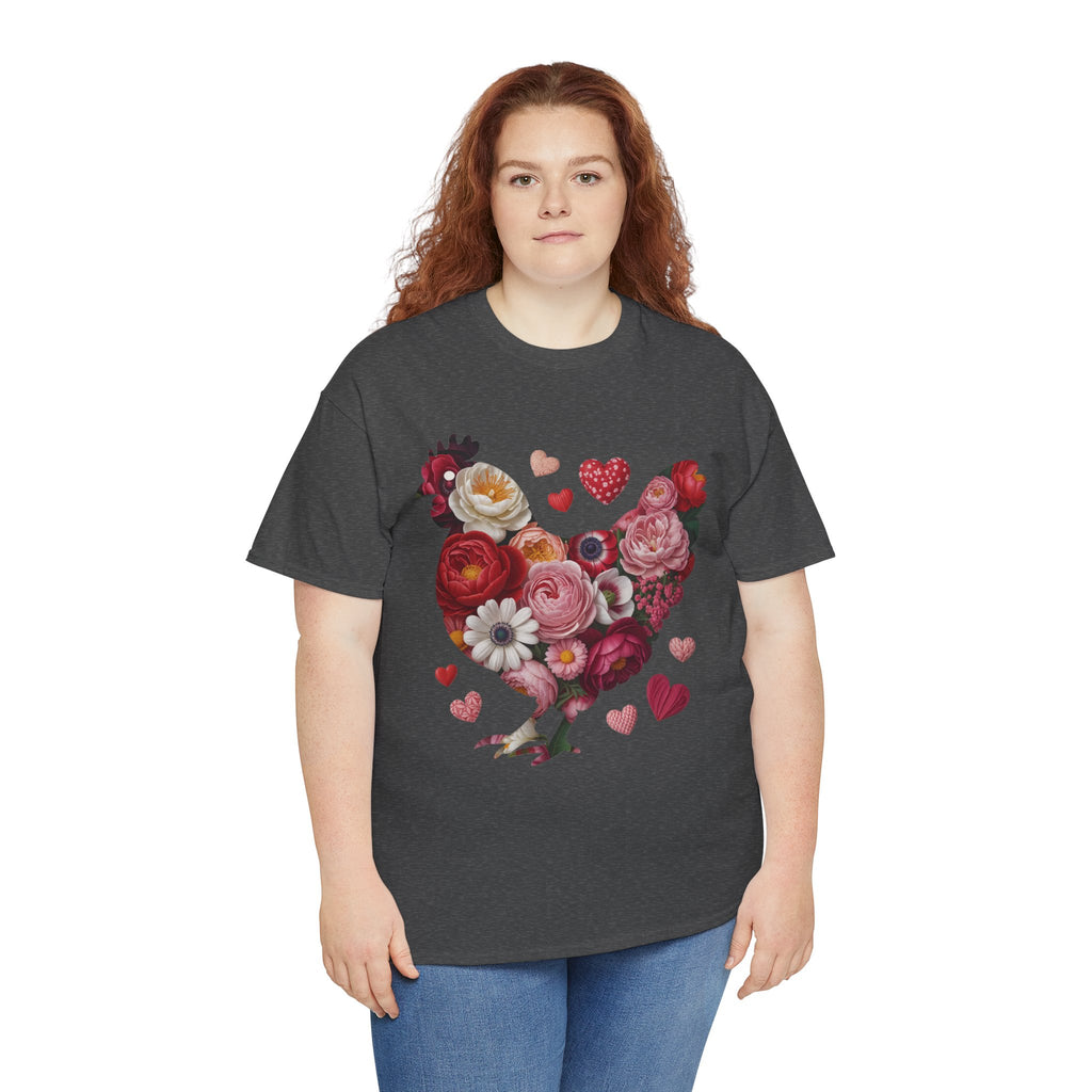 Floral Chicken Heart Tee — Red & Pink Flower Silhouette Unisex Cotton Tee