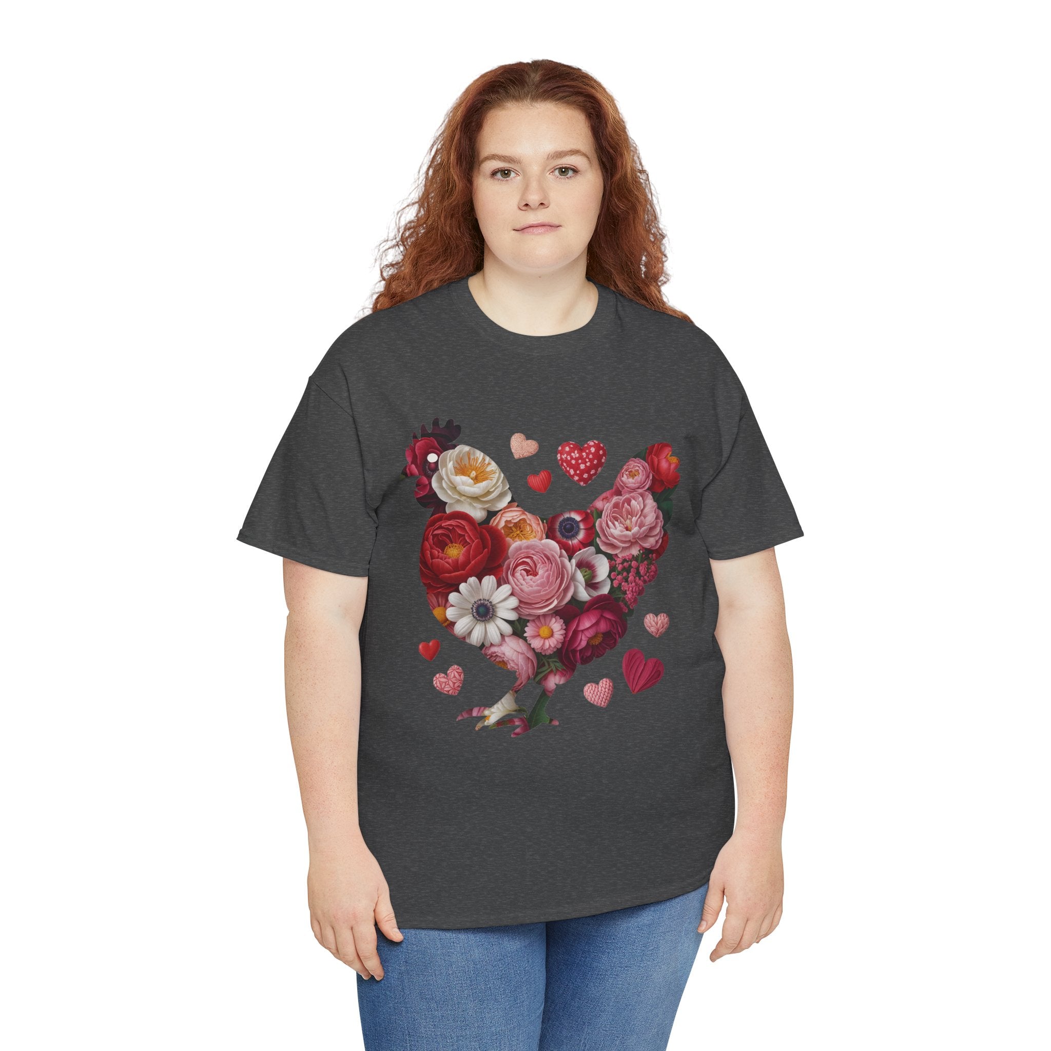 Floral Chicken Heart Tee — Red & Pink Flower Silhouette Unisex Cotton Tee